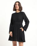 Rareism Women's Sahar Black Viscose Blend Crew Neck Plain Raglan Sleeve Knee Length Fit And Flare Dress