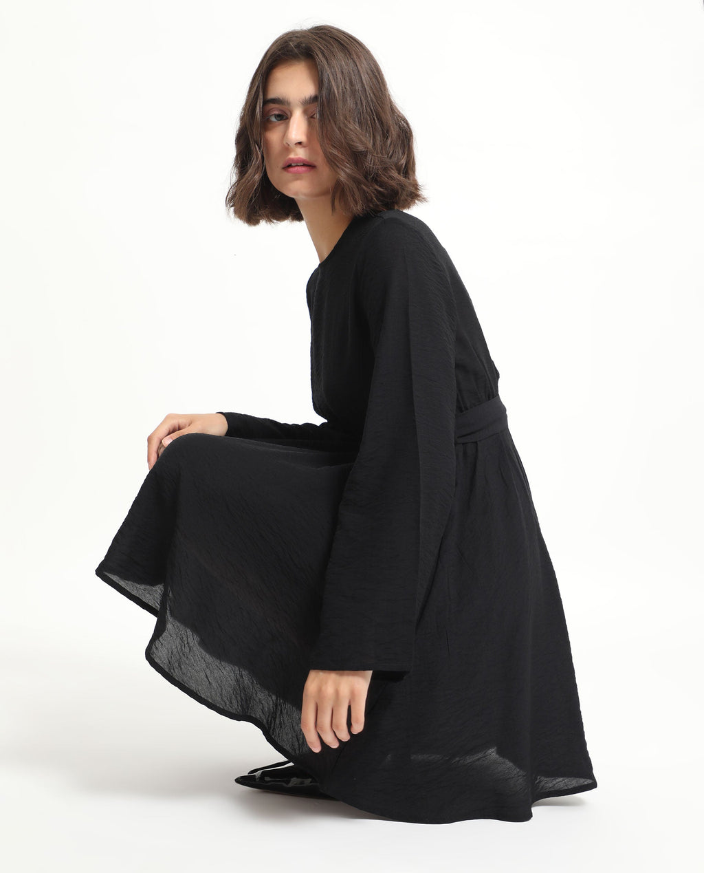 Rareism Women's Sahar Black Viscose Blend Crew Neck Plain Raglan Sleeve Knee Length Fit And Flare Dress