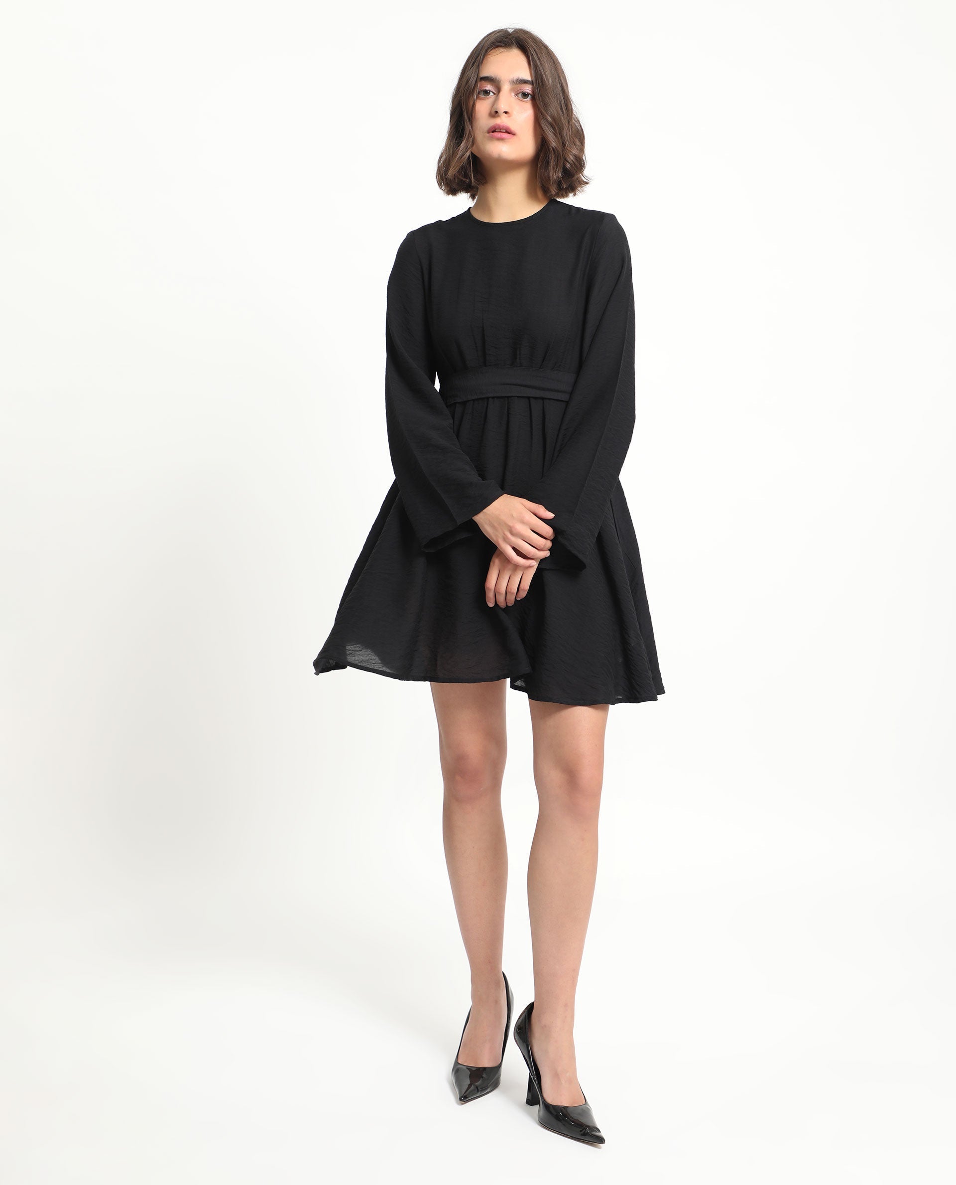 Rareism Women's Sahar Black Viscose Blend Crew Neck Plain Raglan Sleeve Knee Length Fit And Flare Dress
