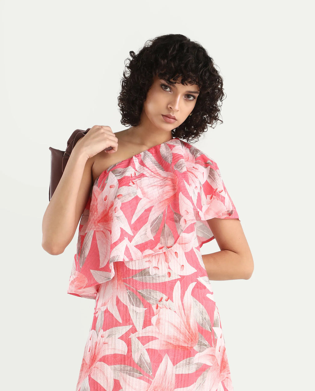 Rareism Women's Sailor Pink Polyester One Shoulder Floral Print One Shoulder Midi Fit And Flare Dress