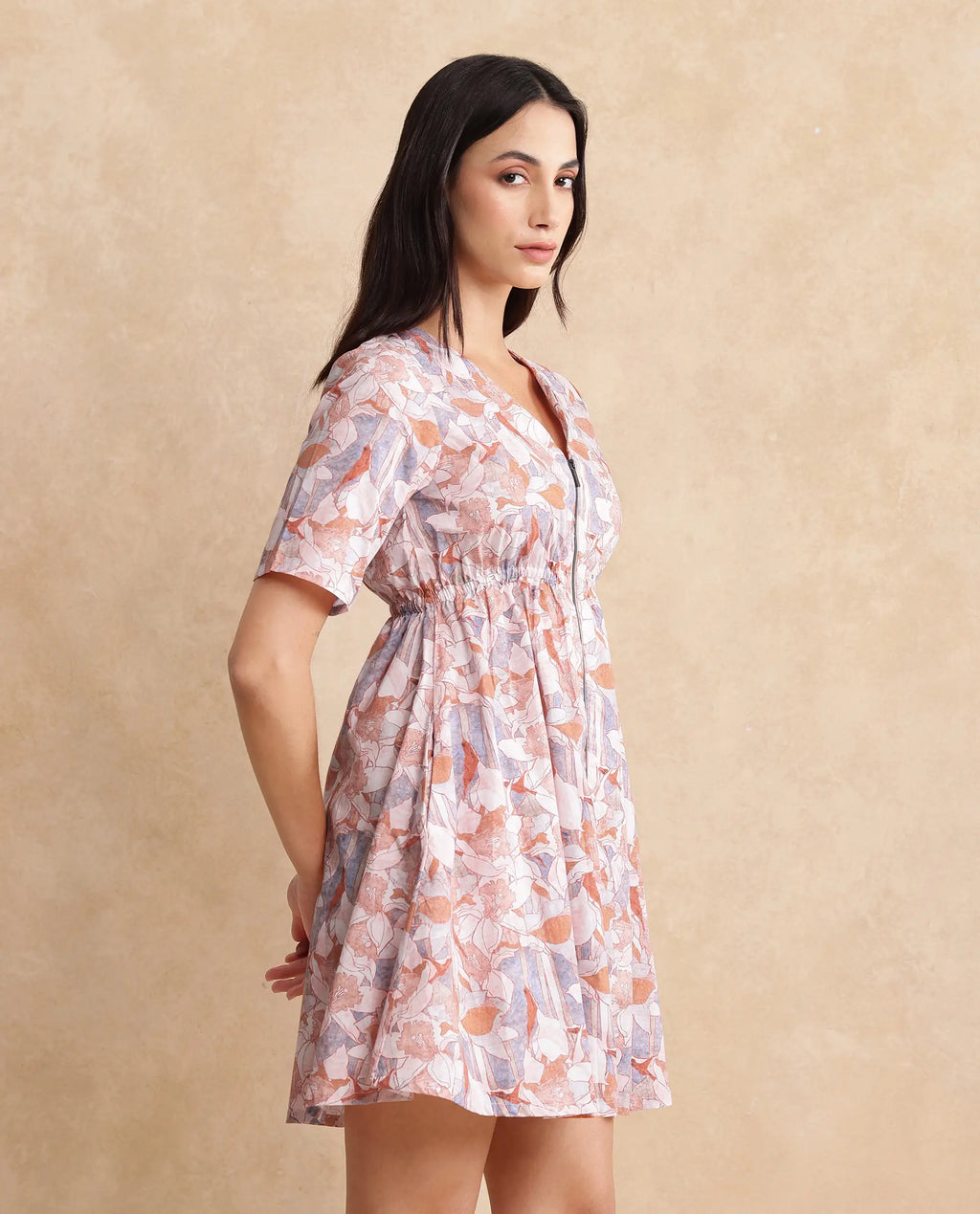 Rareism Women's Salao Multi Cotton V-Neck Abstract Print Knee Length Fit And Flare Dress