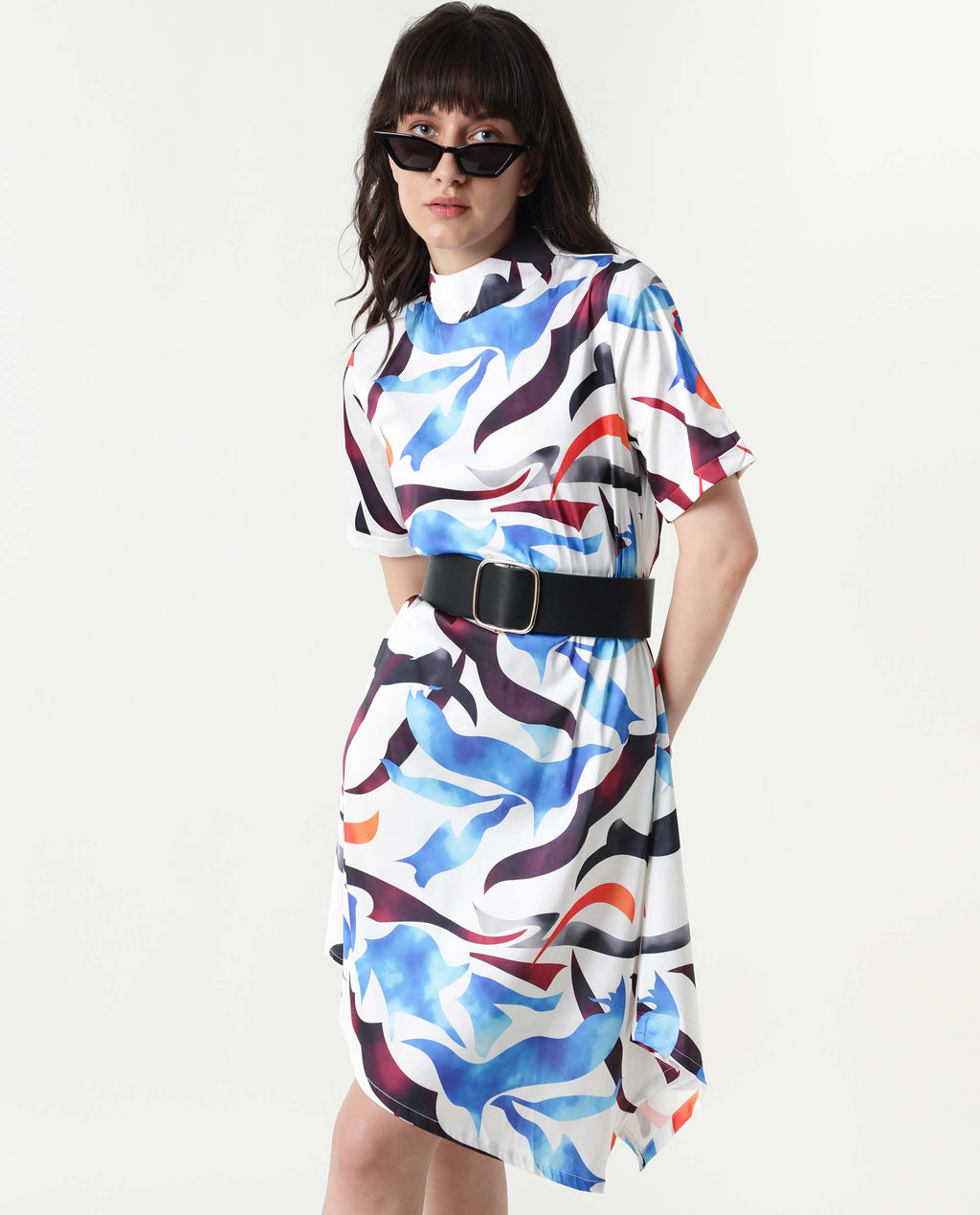 Rareism Women's Saler White Modal Blend Sweetheart Neck Abstract Print Knee Length Regular Fit Dress