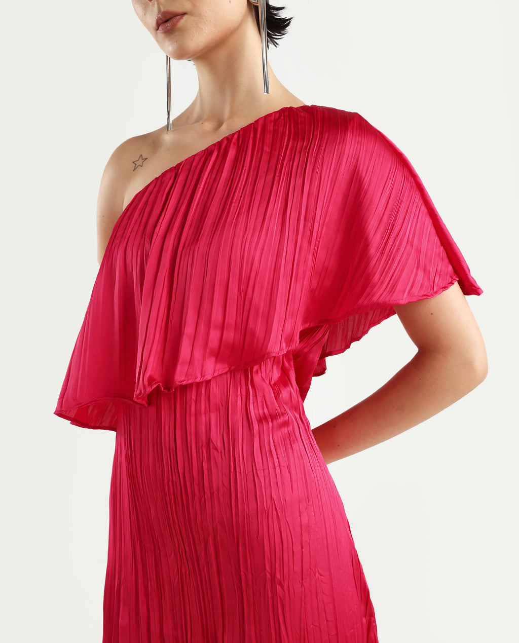 Rareism Women's Salerno Red Polyester One Shoulder Plain One Shoulder Midi Fit And Flare Dress