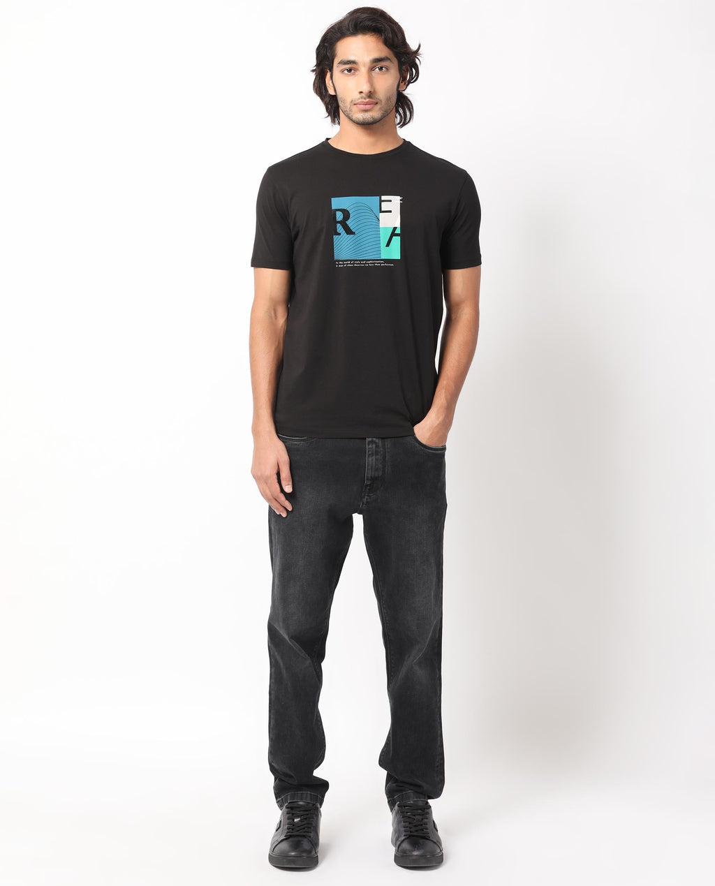 Rare Rabbit Men's Salta Black Cotton Graphic Print Slim Fit Half Sleeve Crew Neck T-Shirt