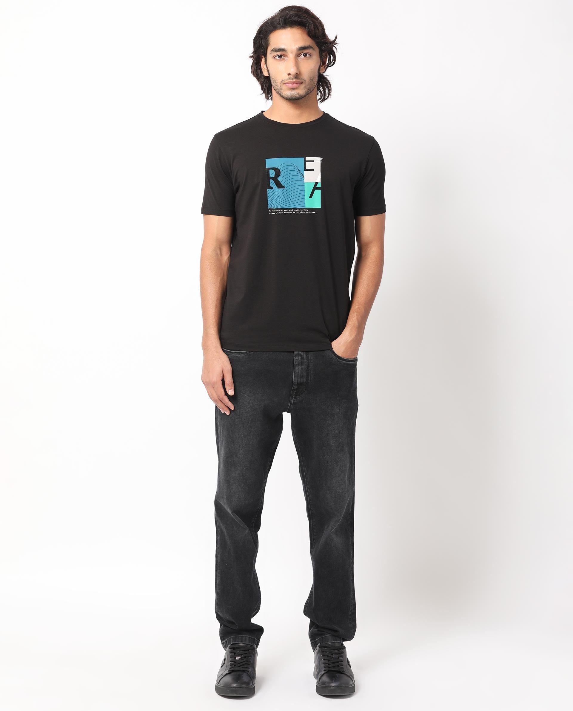 Rare Rabbit Men's Salta Black Cotton Graphic Print Slim Fit Half Sleeve Crew Neck T-Shirt