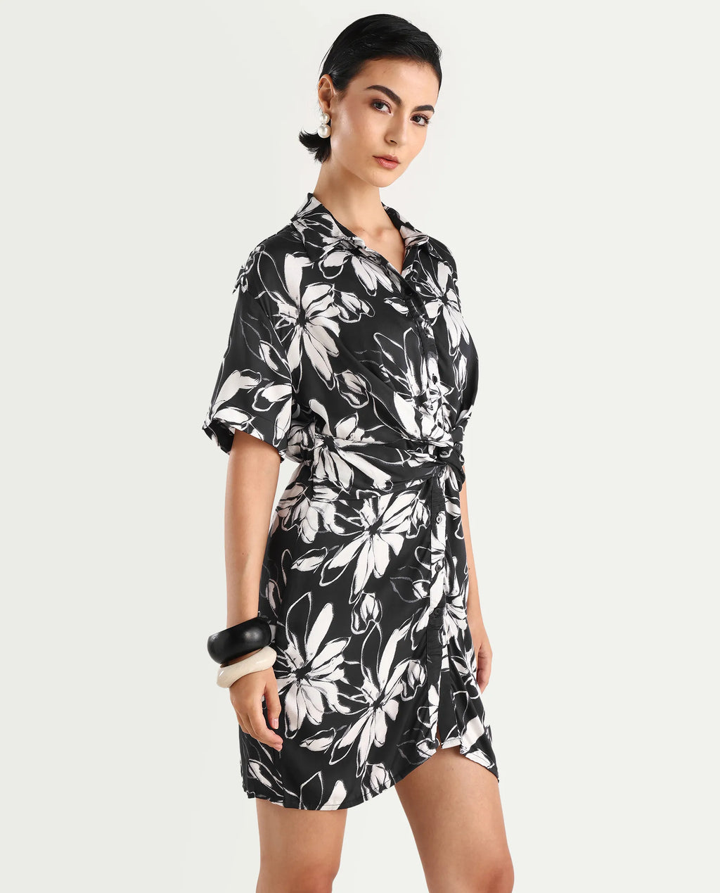 Rareism Women's Saltillo Black Cotton Blend Drop Collar Floral Print Mini Regular Fit Dress