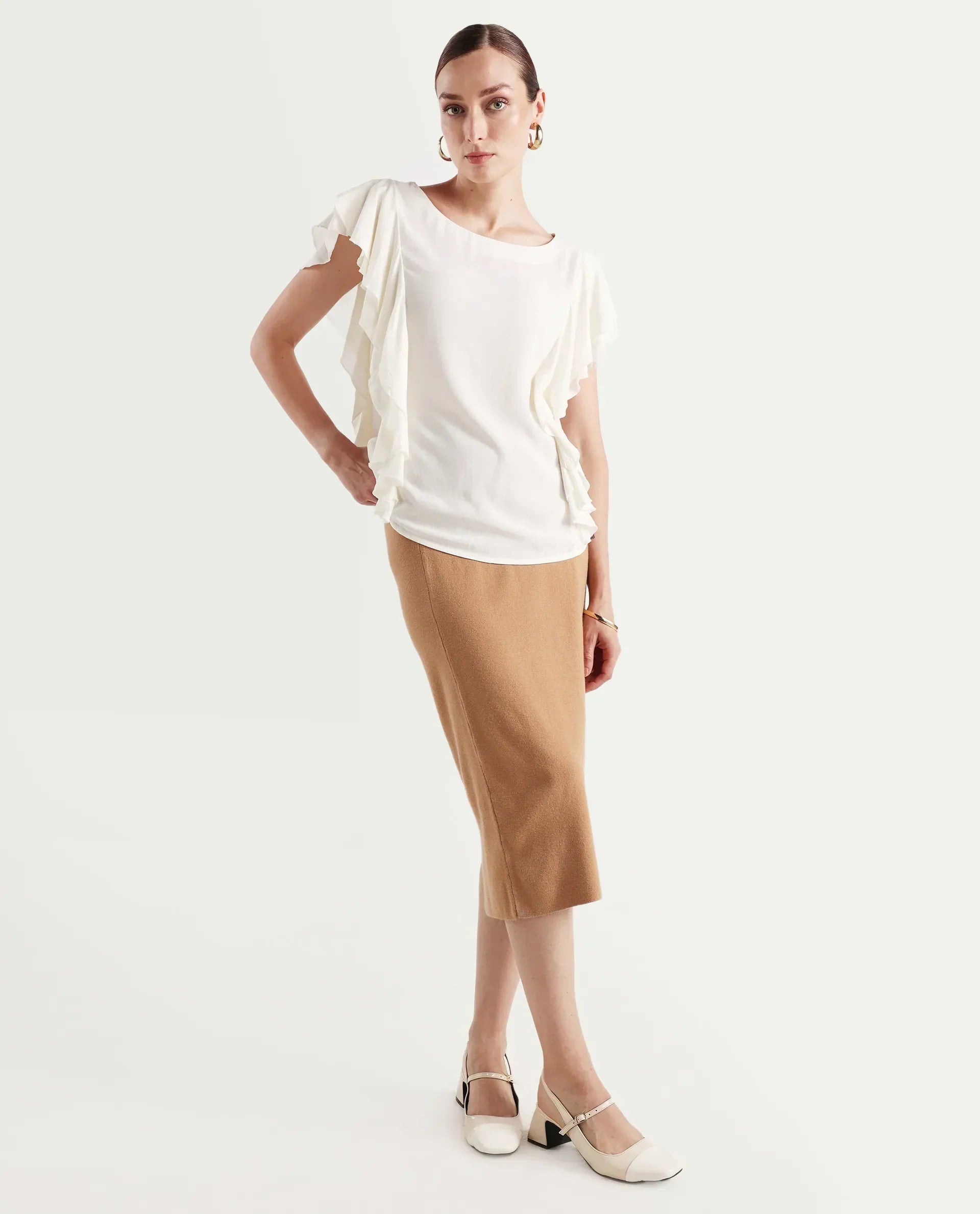 Rareism Women's Samal Off White Viscose Blend Boat Neck Plain Ruffled Sleeve Regular Fit Top