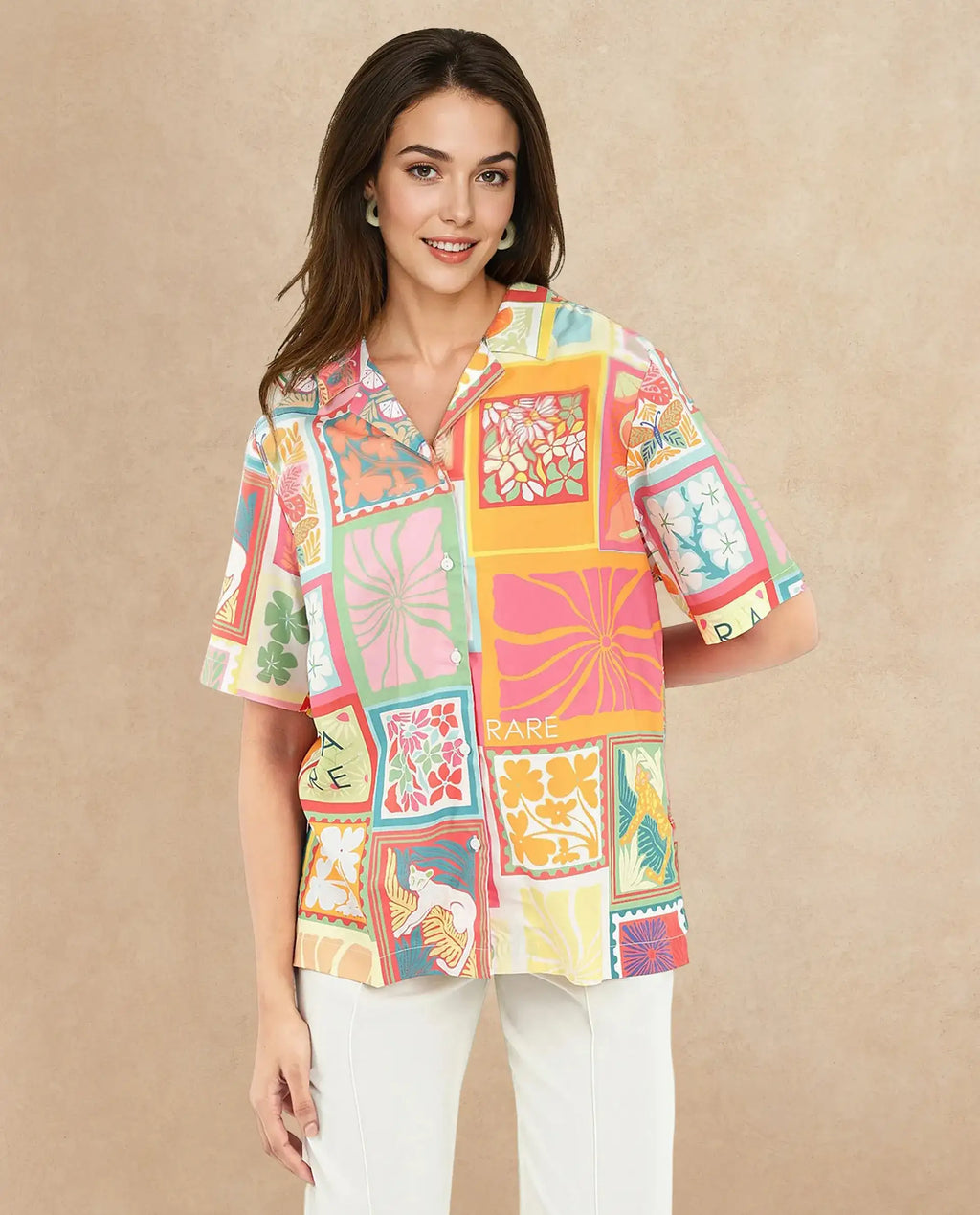 Rareism Women's Sampige Multi Viscose Spread Collar Abstract Print Relaxed Fit Top