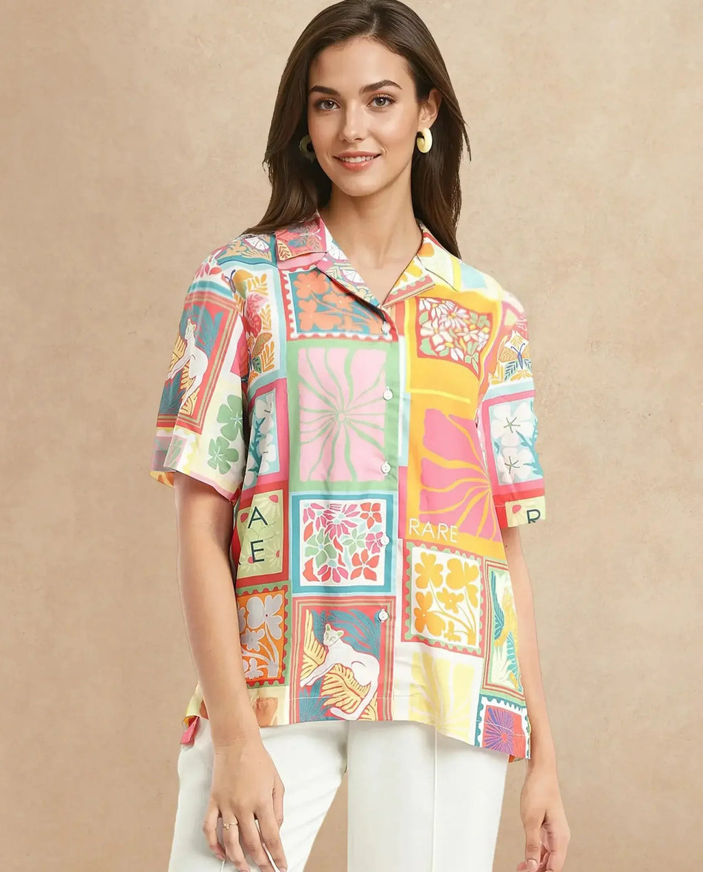 Rareism Women's Sampige Multi Viscose Spread Collar Abstract Print Relaxed Fit Top