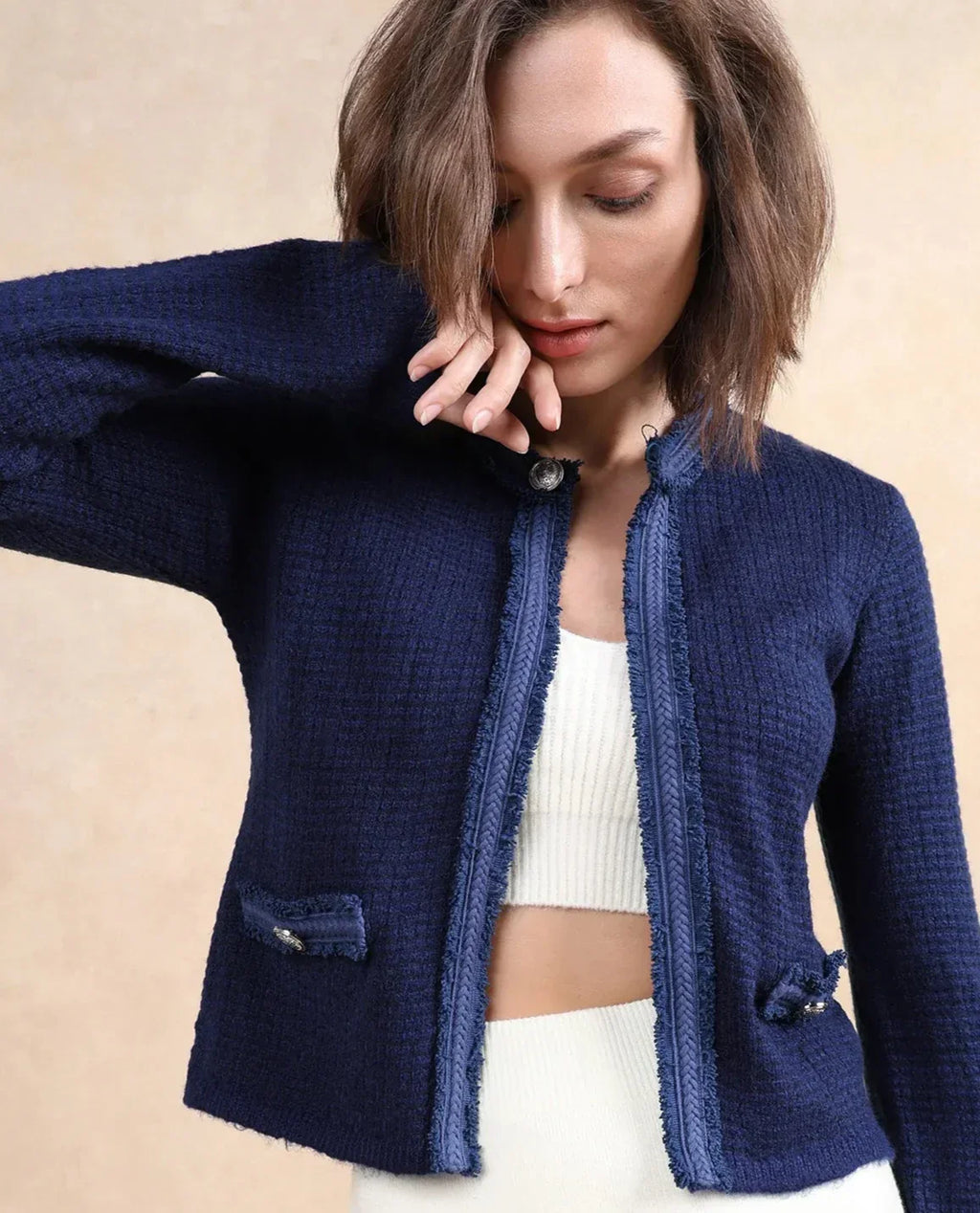 Rareism Women's Samsum Navy Crew Neck Plain Regular Fit Shrug