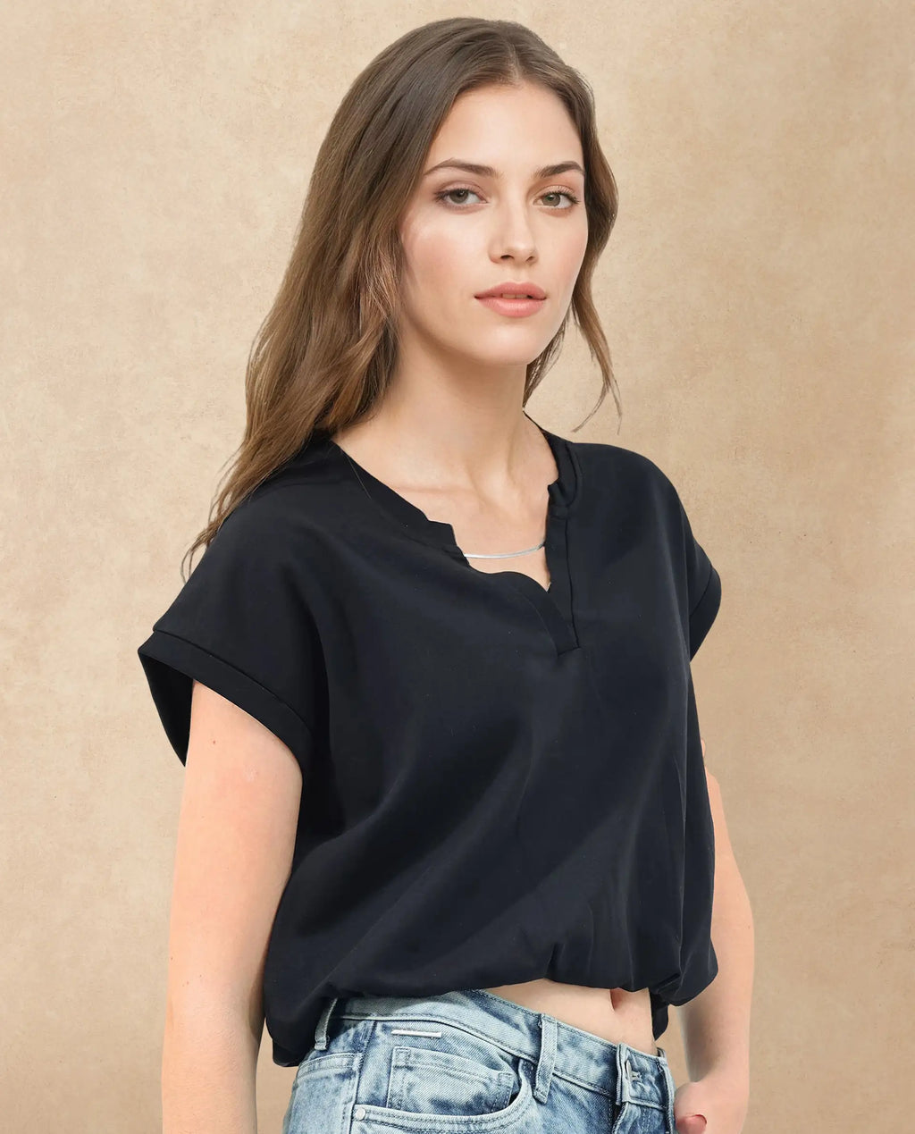 Rareism Women's Sanderson Black Cotton V-Neck Plain Extended Sleeves Regular Fit Top