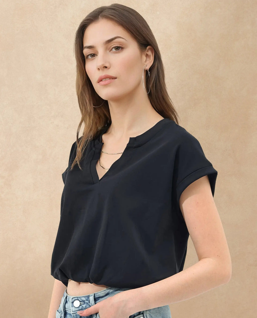 Rareism Women's Sanderson Black Cotton V-Neck Plain Extended Sleeves Regular Fit Top