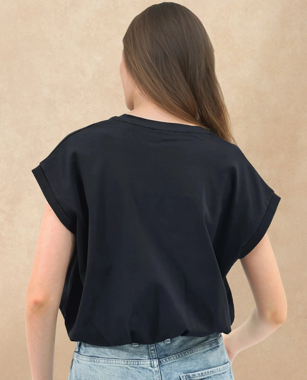 Rareism Women's Sanderson Black Cotton V-Neck Plain Extended Sleeves Regular Fit Top