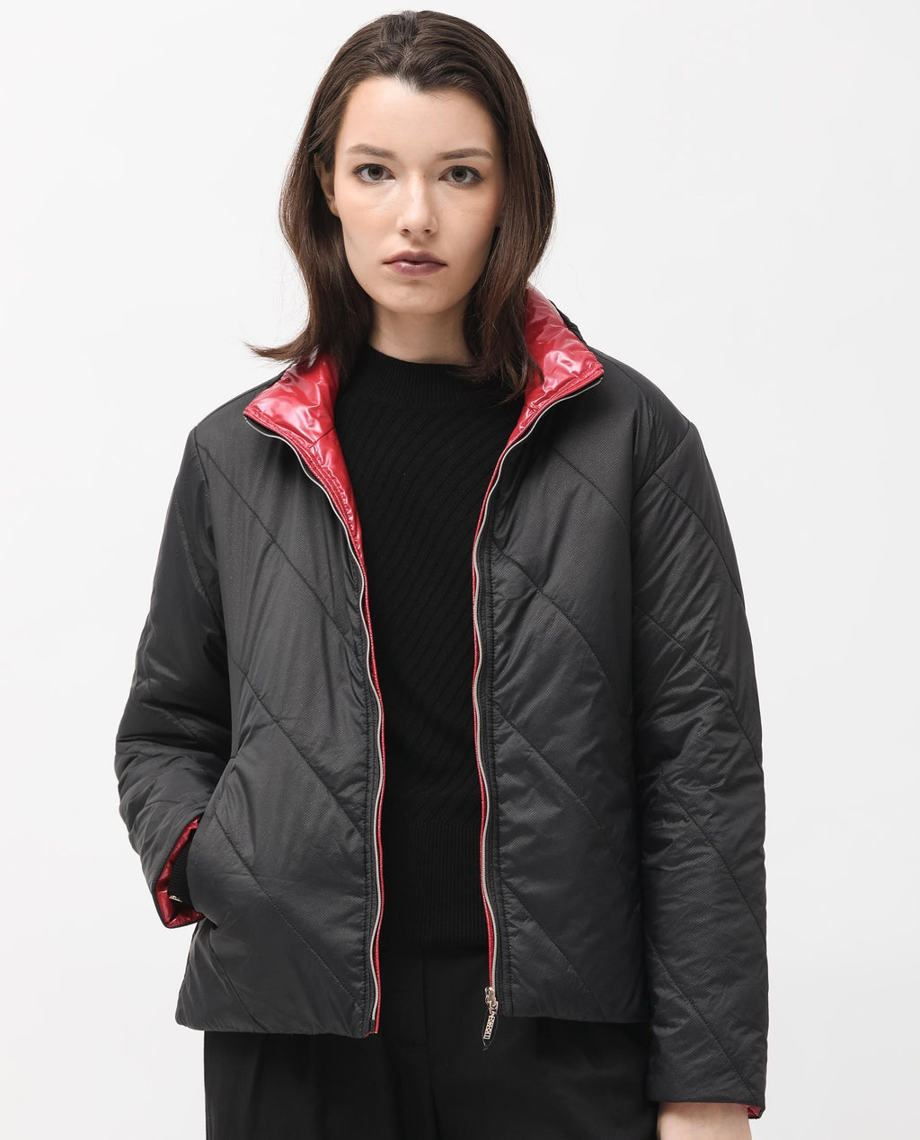 Rareism Women's Sapel Black Polyester High Neck Plain Regular Fit Jacket