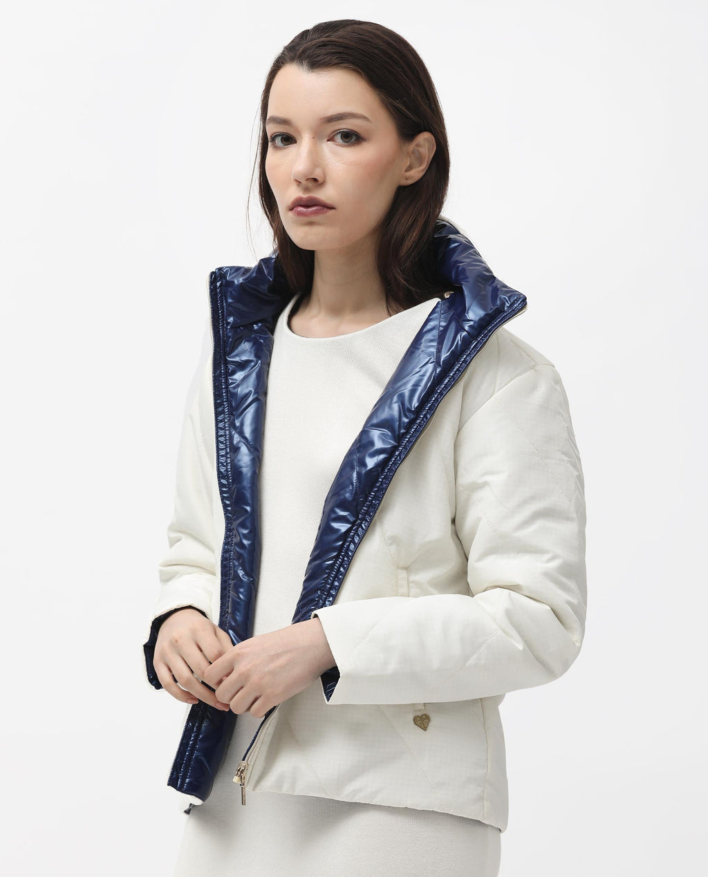 Rareism Women's Sapel Off White Polyester High Neck Plain Regular Fit Jacket