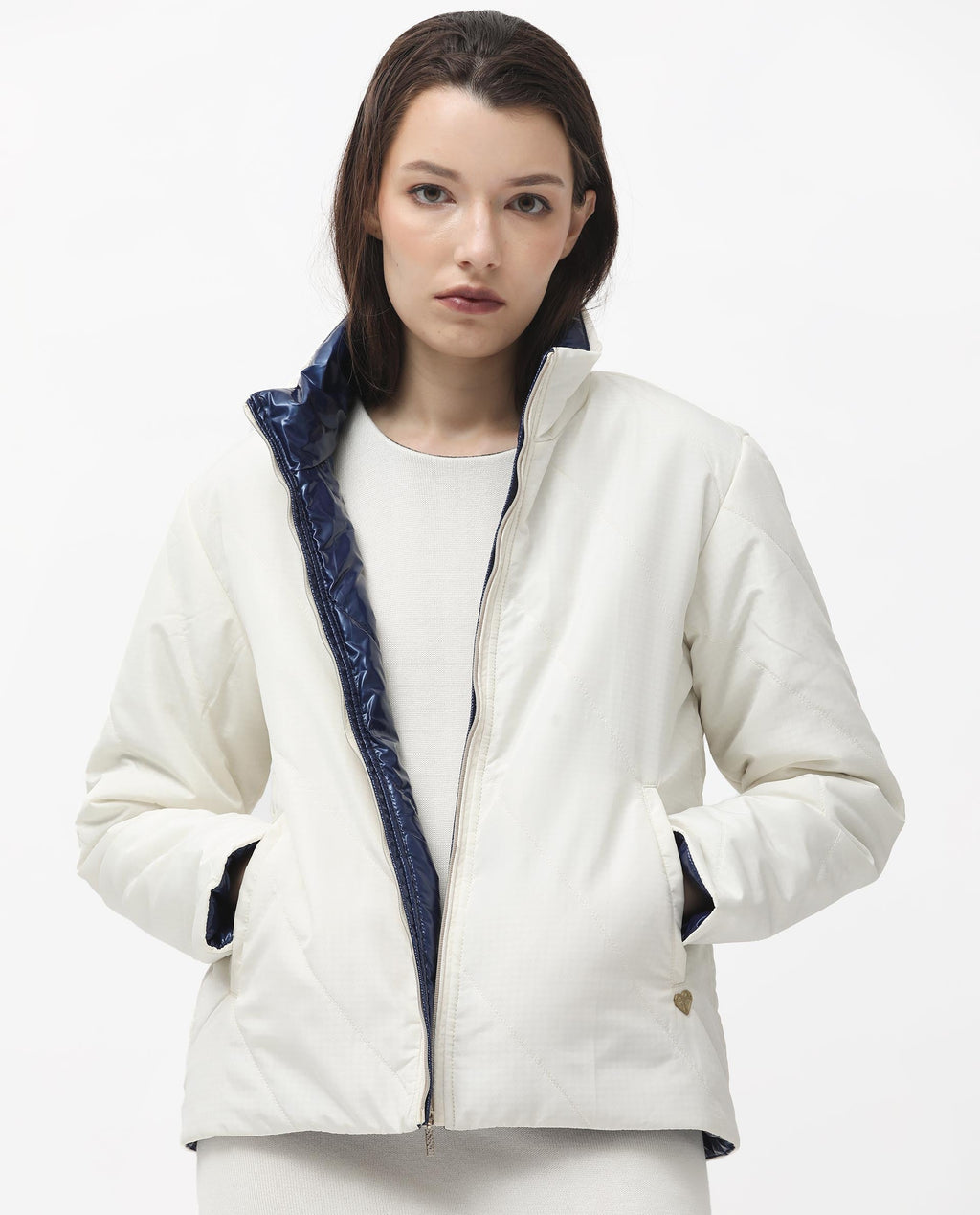 Rareism Women's Sapel Off White Polyester High Neck Plain Regular Fit Jacket