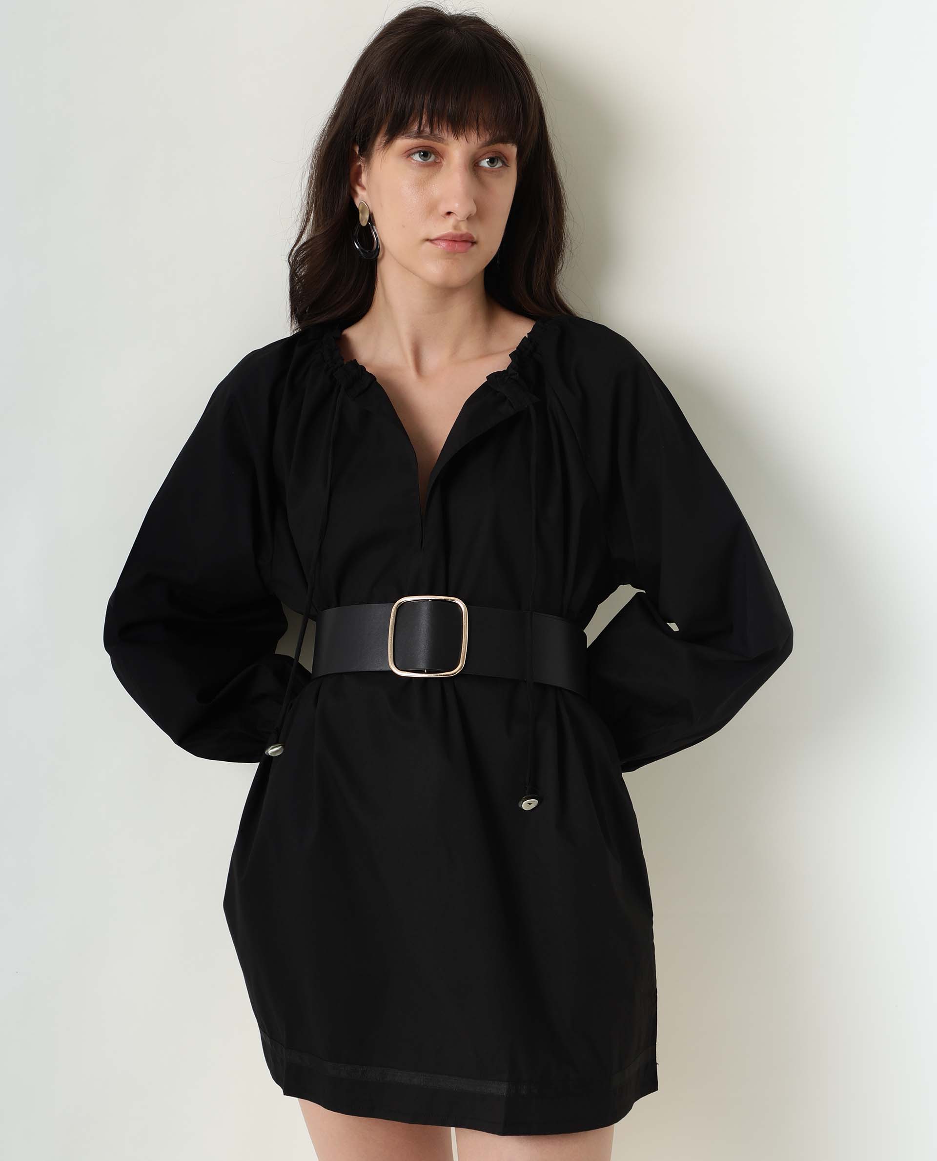 Rareism Women's Sapie Black Modal Tie-Up Neck Plain Mini Relaxed Fit Dress