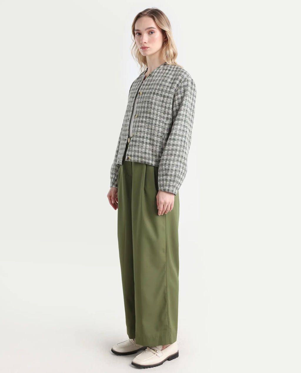 Rareism Women's Sarin Olive Polyester Blend Plain Ankle Length Wide Trouser