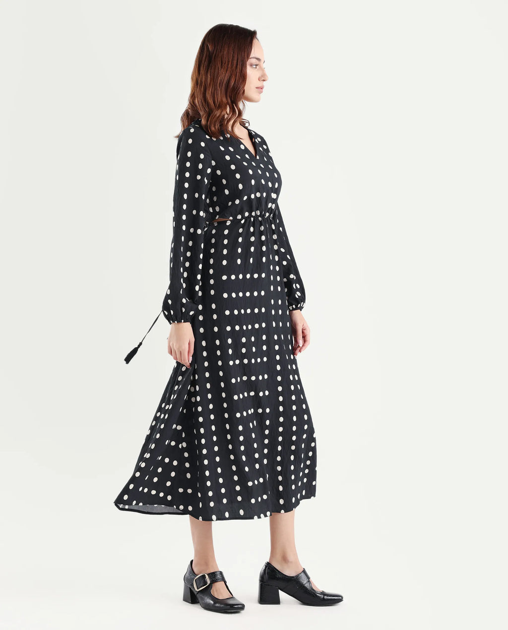 Rareism Women's Sassari Black Nylon Blend V-Neck Polka Print Bishop Sleeve Maxi Regular Fit Dress