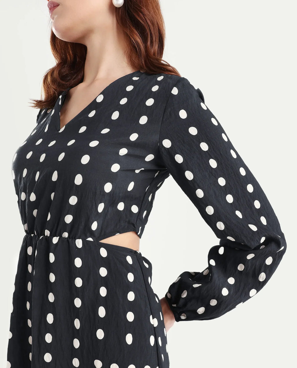 Rareism Women's Sassari Black Nylon Blend V-Neck Polka Print Bishop Sleeve Maxi Regular Fit Dress