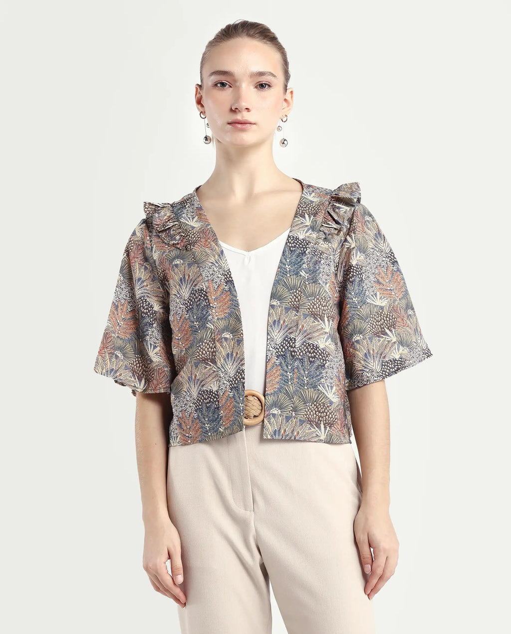 Rareism Women's Savri Dark Multi Nylon Blend Shawl Collar Botanical Print Bell Sleeve Relaxed Fit Shrug