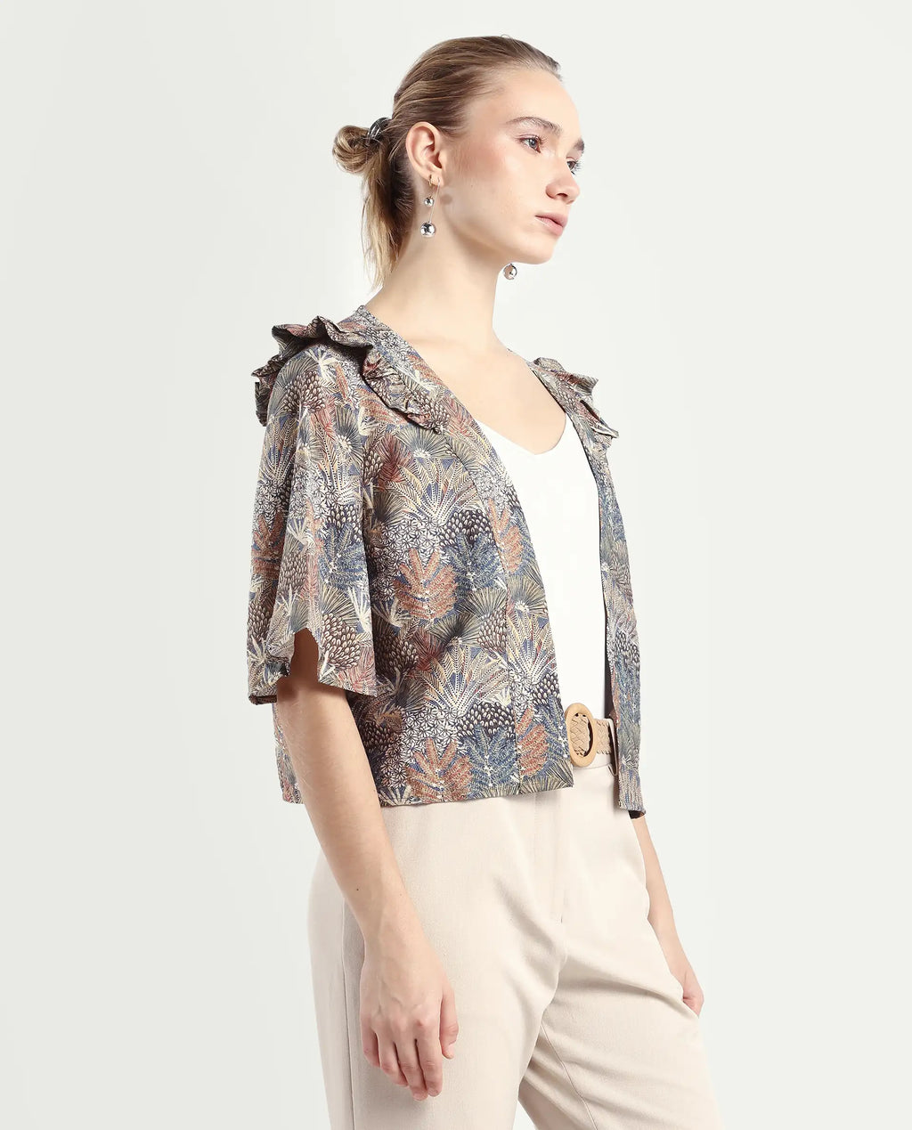 Rareism Women's Savri Dark Multi Nylon Blend Shawl Collar Botanical Print Bell Sleeve Relaxed Fit Shrug
