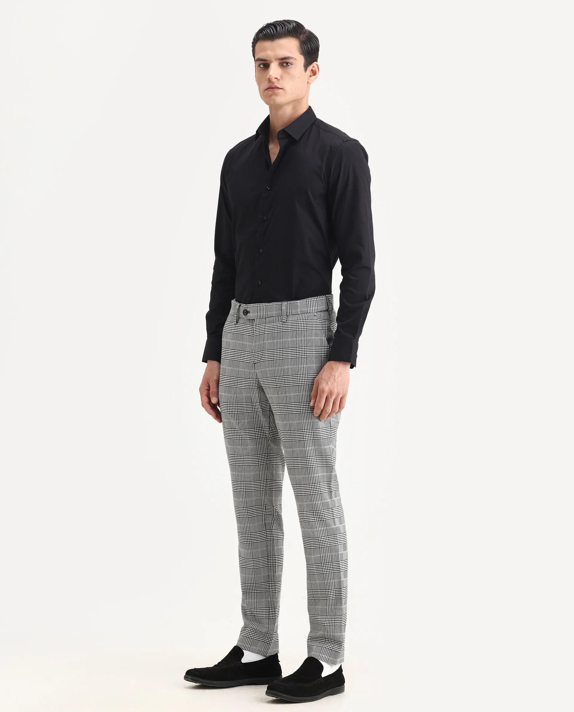 Rare Rabbit Men's Savvet Grey Polyester Checked Print Regular Fit Trouser