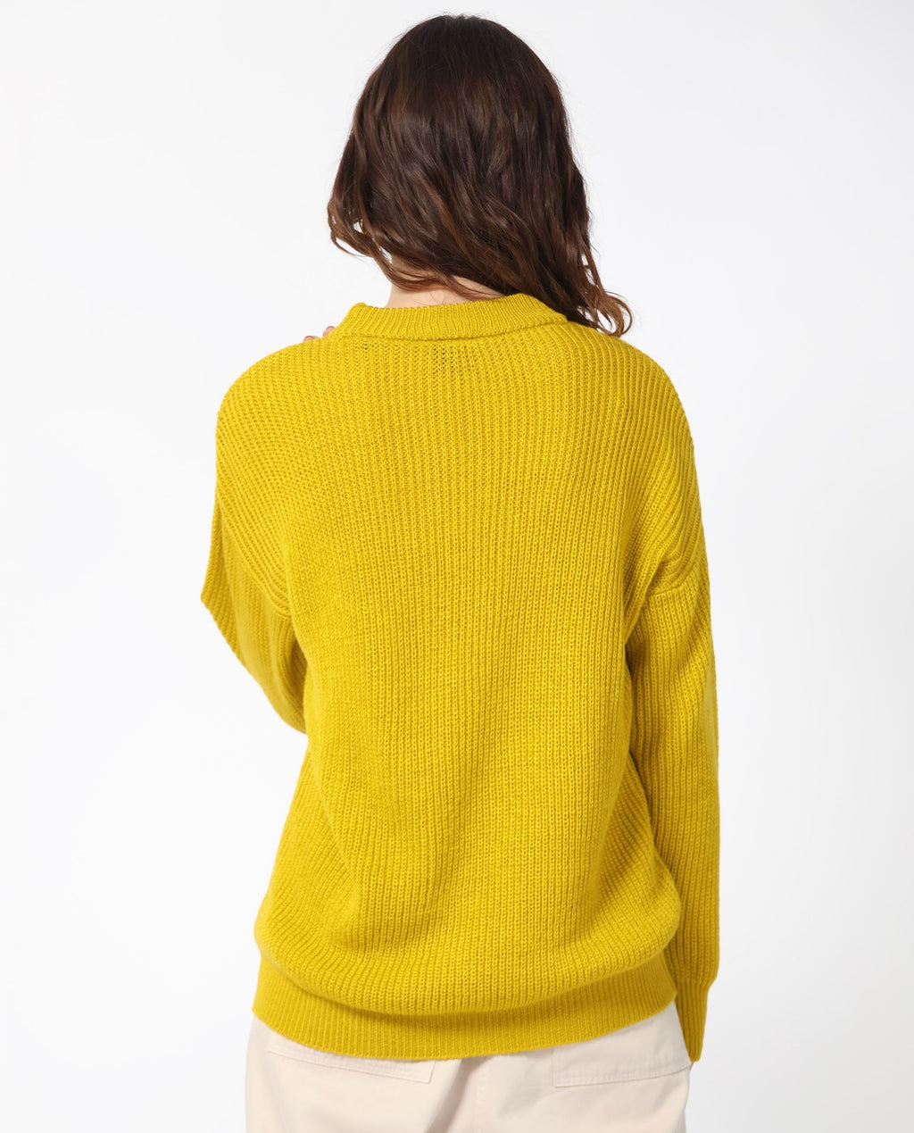 Rareism Women's Schitt Mustard Acrylic High Neck Plain Relaxed Fit Sweater