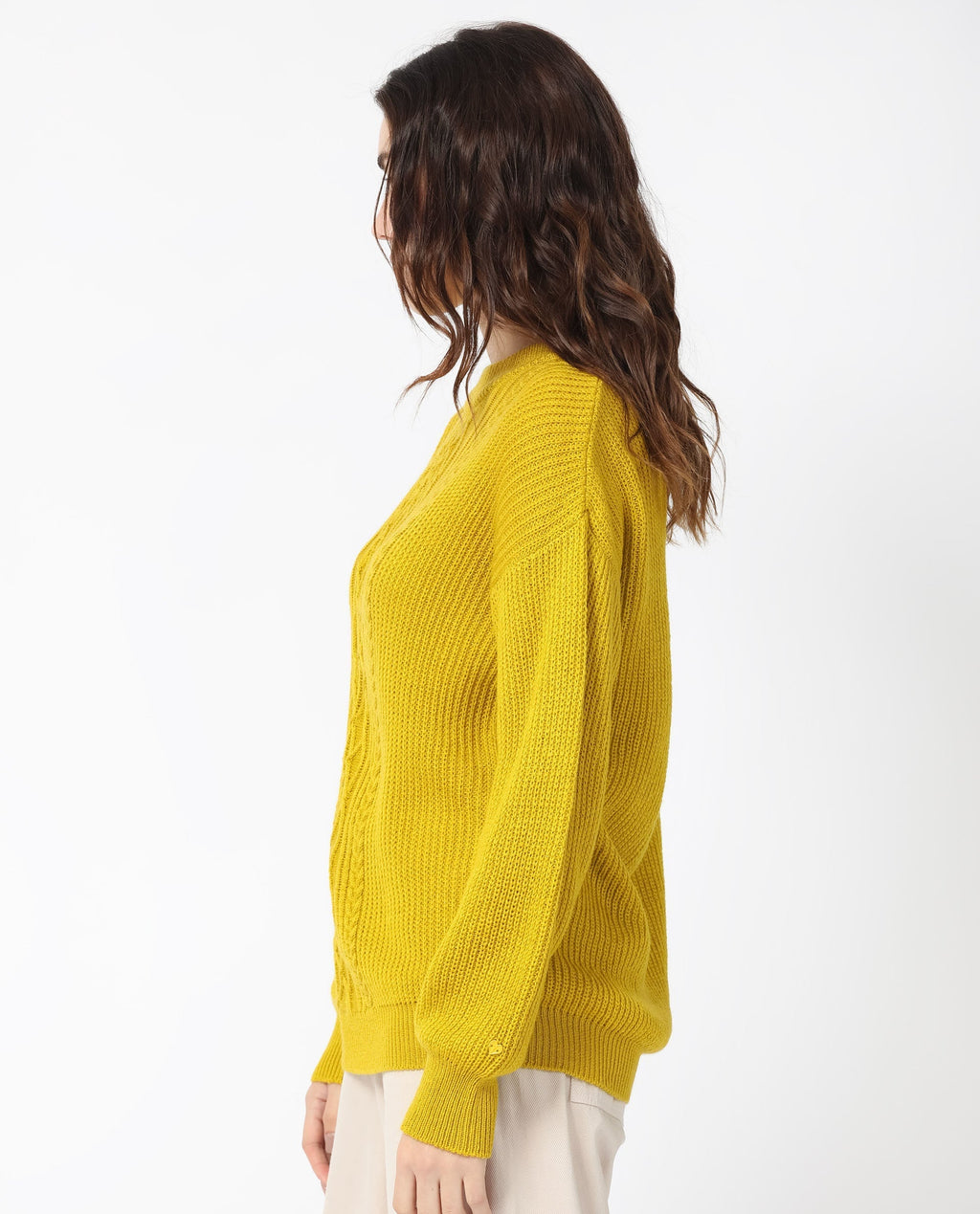 Rareism Women's Schitt Mustard Acrylic High Neck Plain Relaxed Fit Sweater