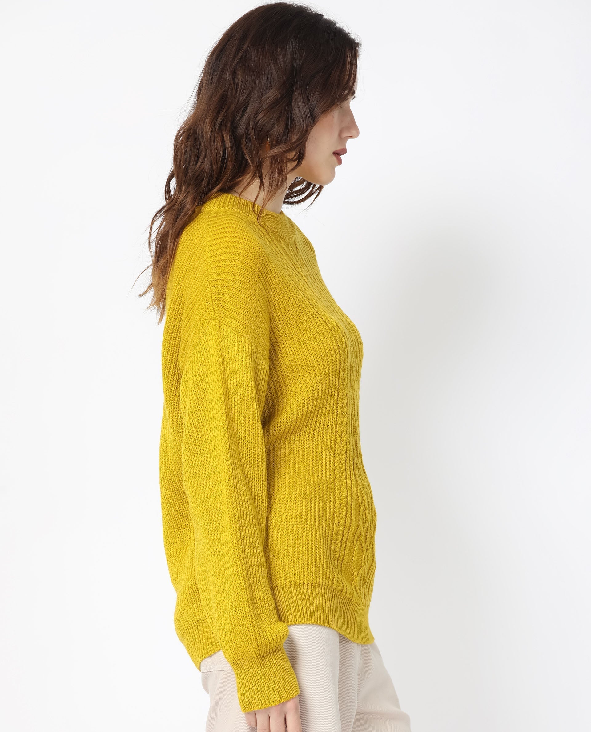 Rareism Women's Schitt Mustard Acrylic High Neck Plain Relaxed Fit Sweater