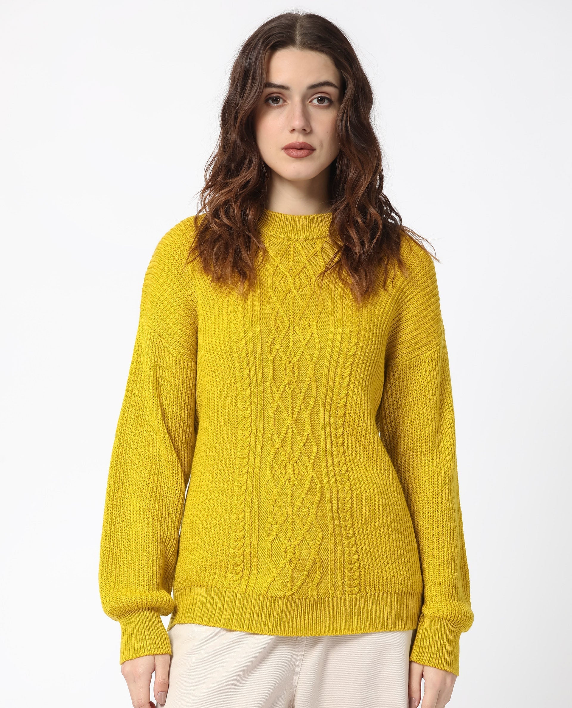 Rareism Women's Schitt Mustard Acrylic High Neck Plain Relaxed Fit Sweater