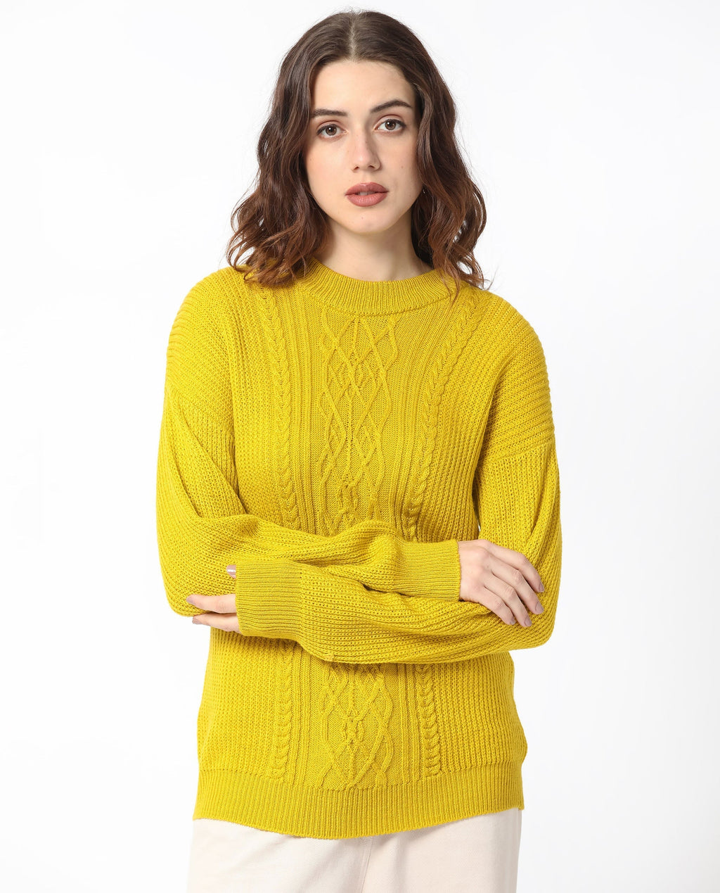 Rareism Women's Schitt Mustard Acrylic High Neck Plain Relaxed Fit Sweater