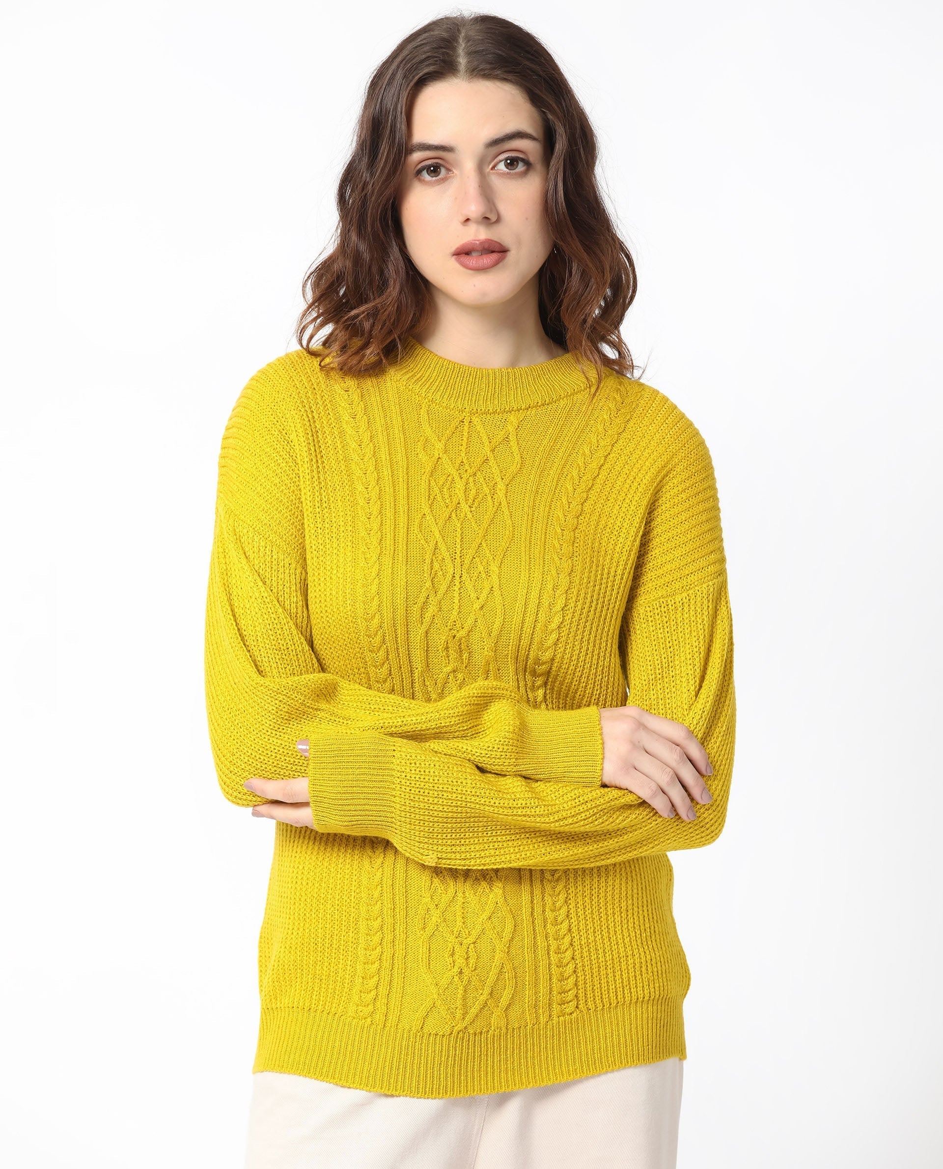 Rareism Women's Schitt Mustard Acrylic High Neck Plain Relaxed Fit Sweater