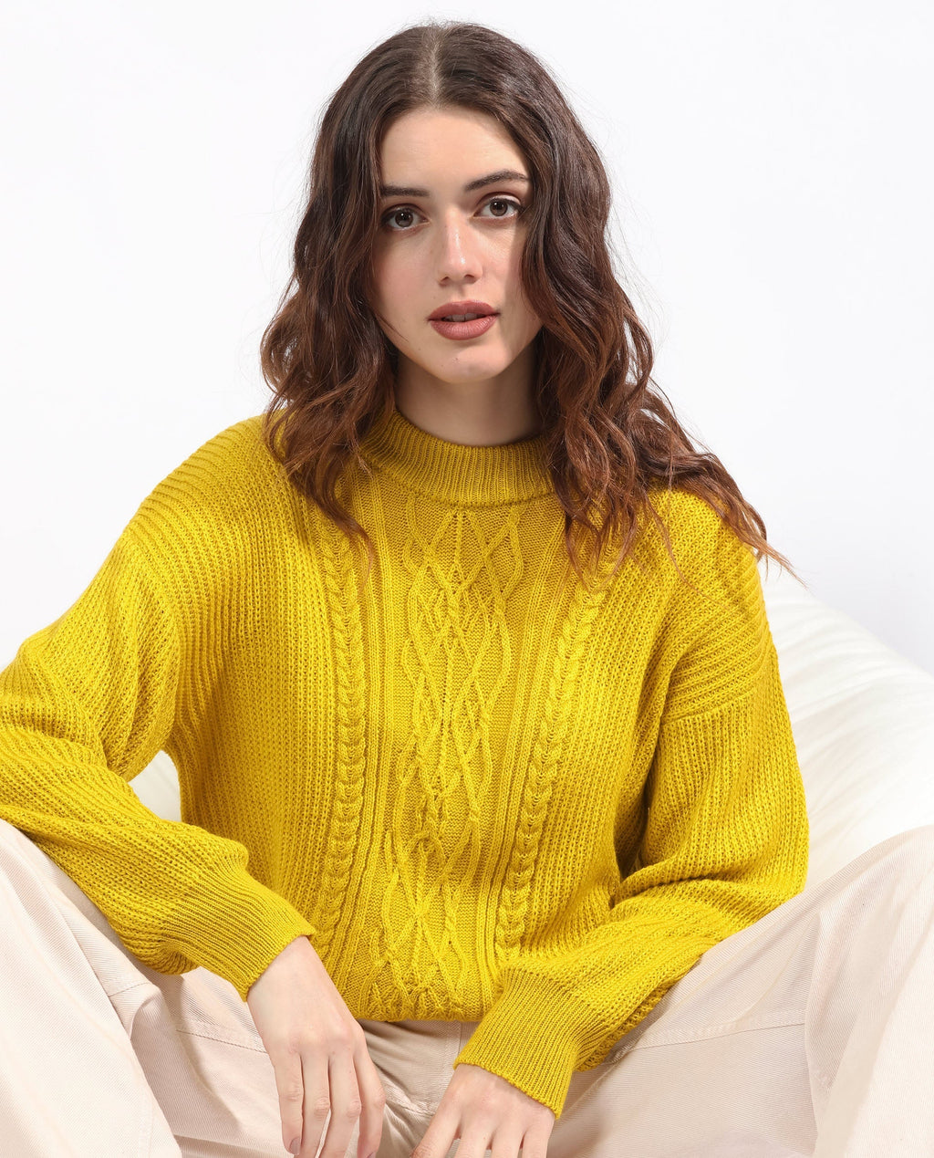 Rareism Women's Schitt Mustard Acrylic High Neck Plain Relaxed Fit Sweater
