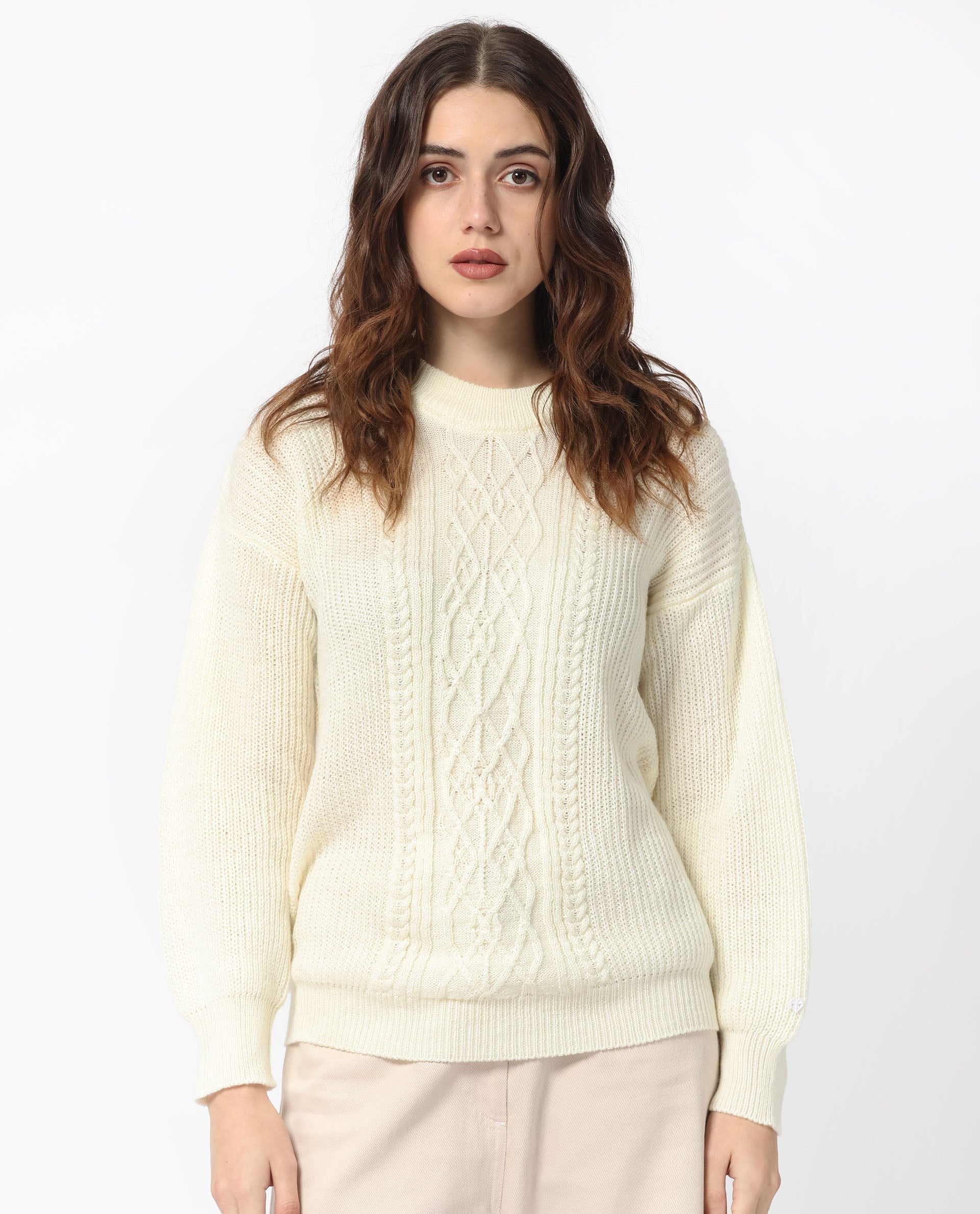 Rareism Women's Schitt Off White Acrylic High Neck Plain Relaxed Fit Sweater
