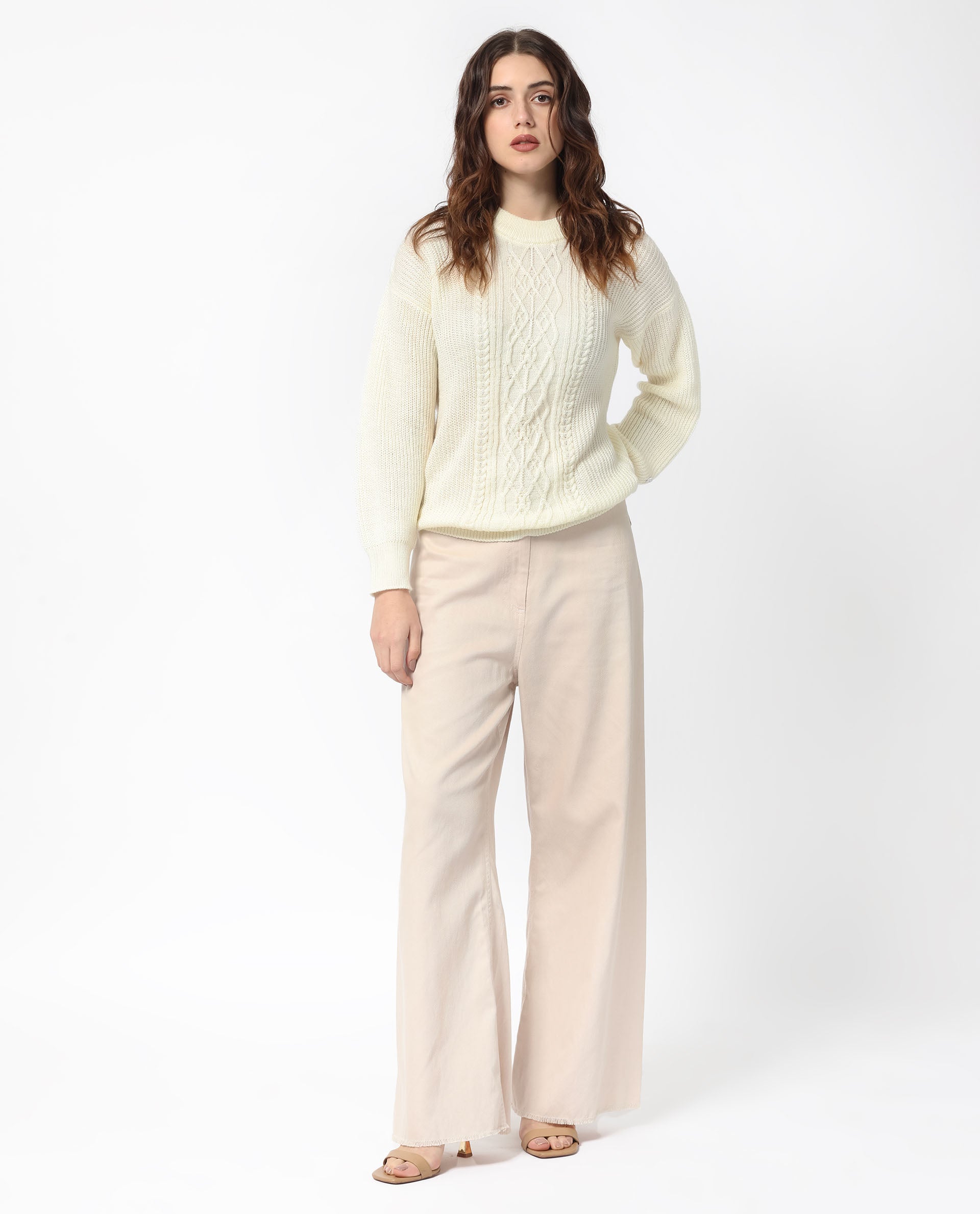 Rareism Women's Schitt Off White Acrylic High Neck Plain Relaxed Fit Sweater