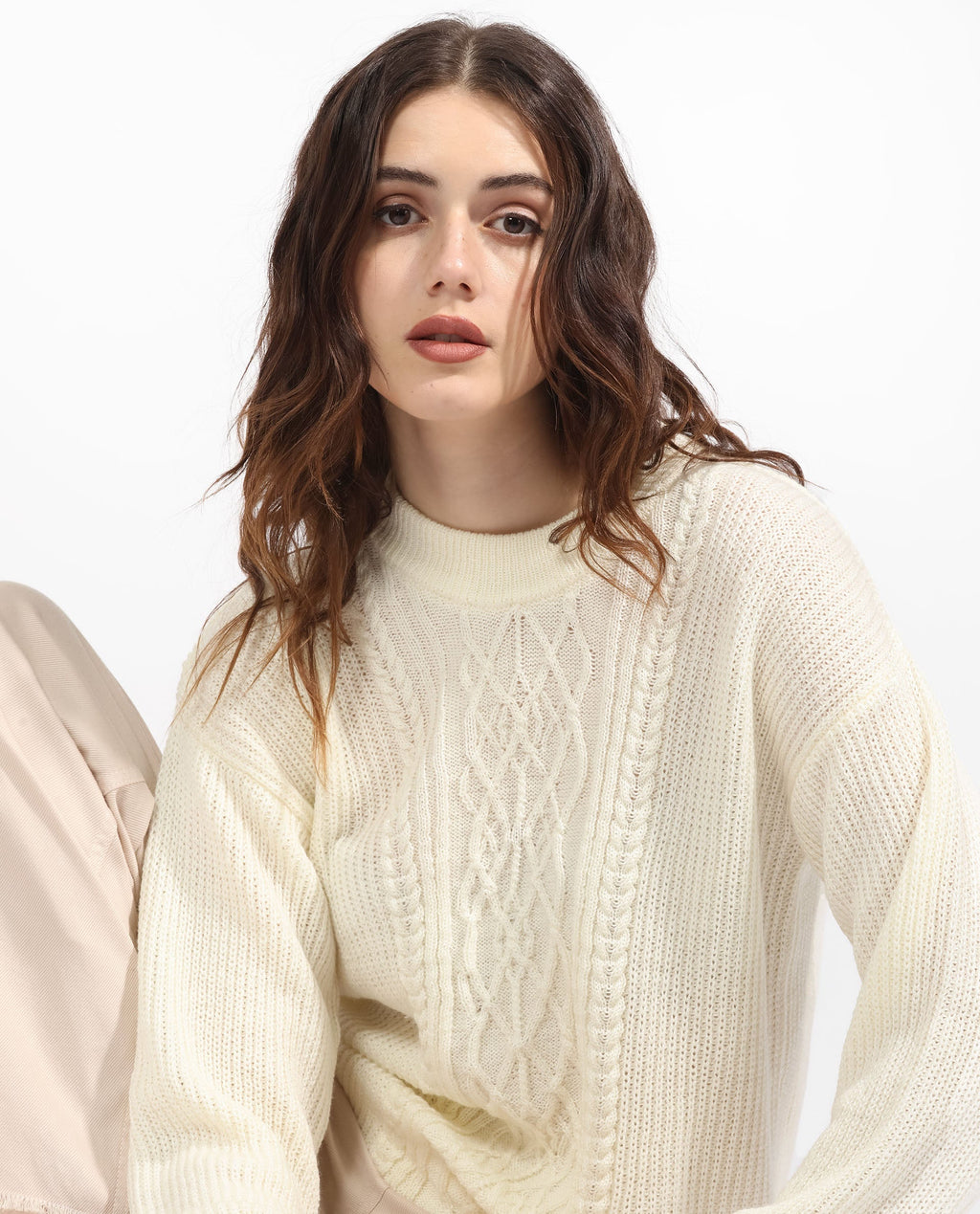 Rareism Women's Schitt Off White Acrylic High Neck Plain Relaxed Fit Sweater