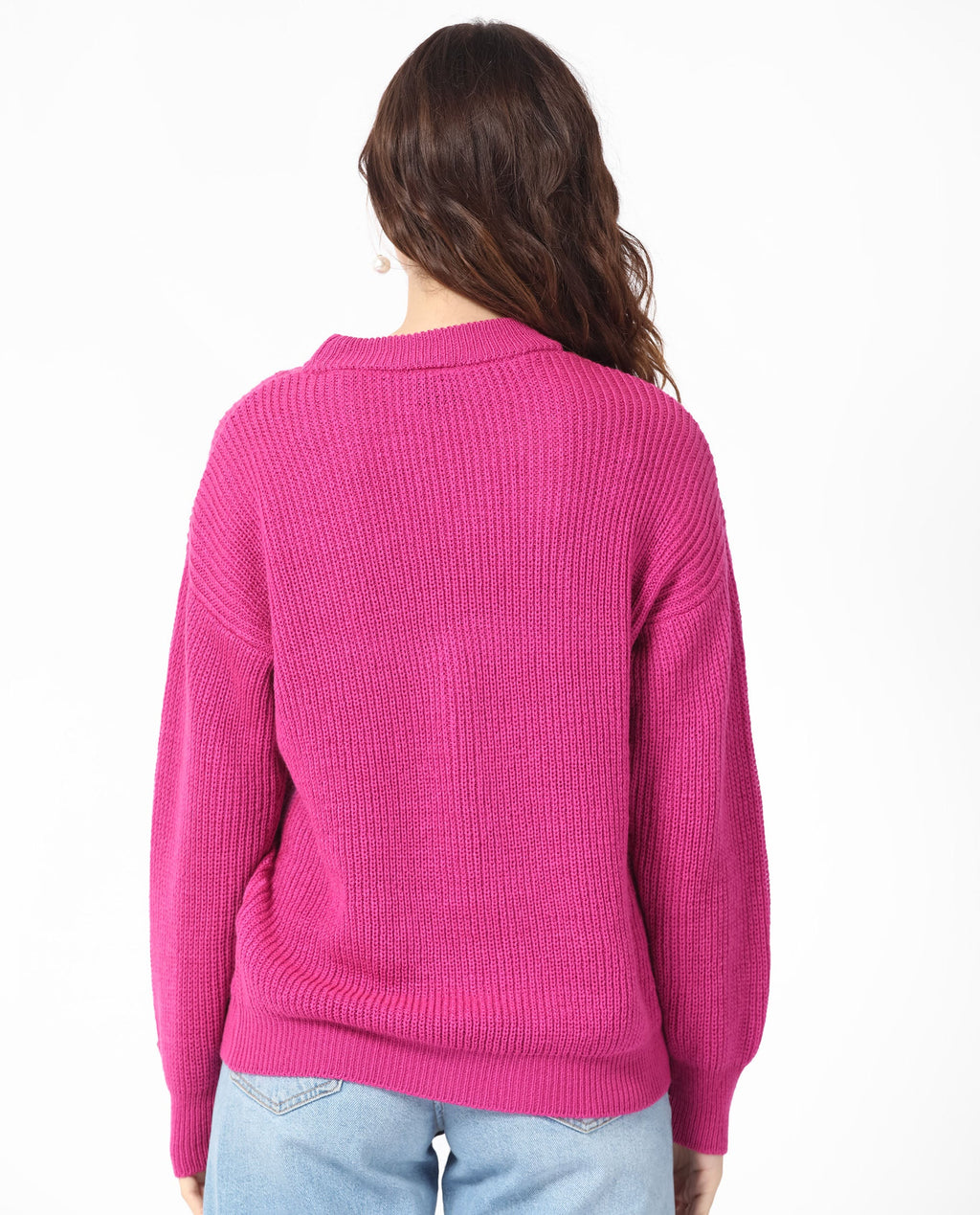 Rareism Women's Schitt Flouroscent Pink Acrylic High Neck Plain Relaxed Fit Sweater
