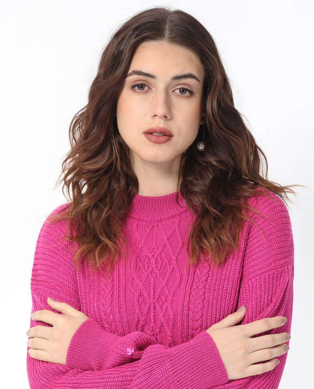 Rareism Women's Schitt Flouroscent Pink Acrylic High Neck Plain Relaxed Fit Sweater