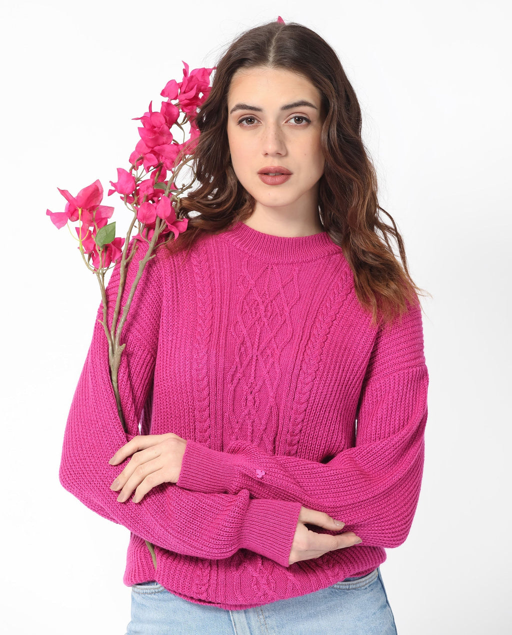 Rareism Women's Schitt Flouroscent Pink Acrylic High Neck Plain Relaxed Fit Sweater