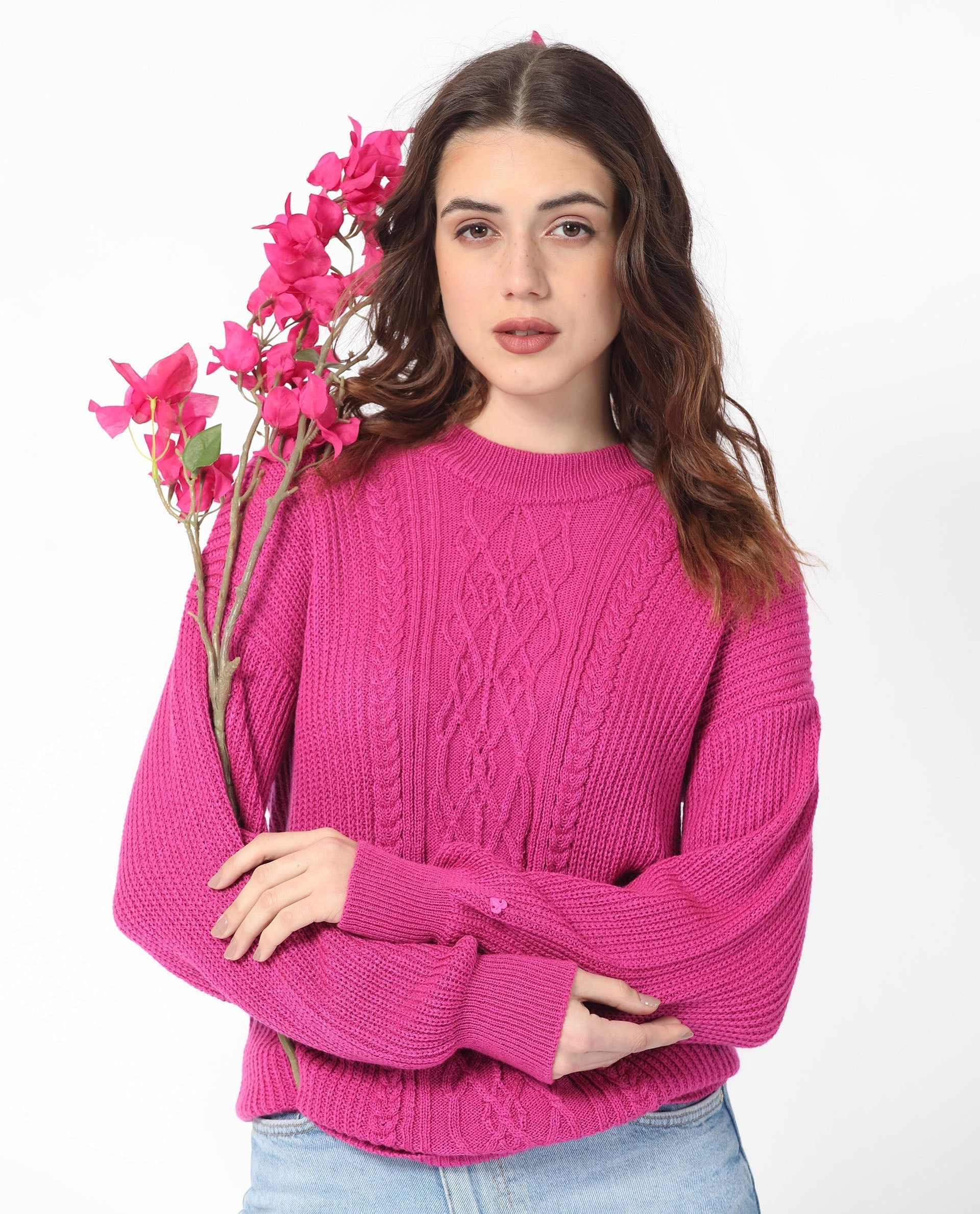 Rareism Women's Schitt Flouroscent Pink Acrylic High Neck Plain Relaxed Fit Sweater