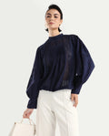 Rareism Women's Schwan Navy Cotton High Neck Plain Balloon Sleeve Regular Fit Top