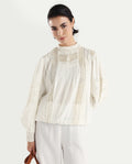Rareism Women's Schwan White Cotton High Neck Plain Balloon Sleeve Regular Fit Top