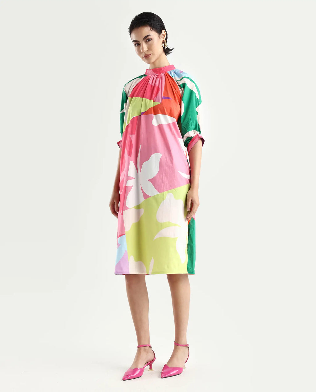 Rareism Women's Scintill Multi Cotton High Neck Floral Print Balloon Sleeve Knee Length Relaxed Fit Dress