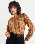 Rareism Women's Scoob Brown Polyester Tie-Up Neck Abstract Print Relaxed Fit Top