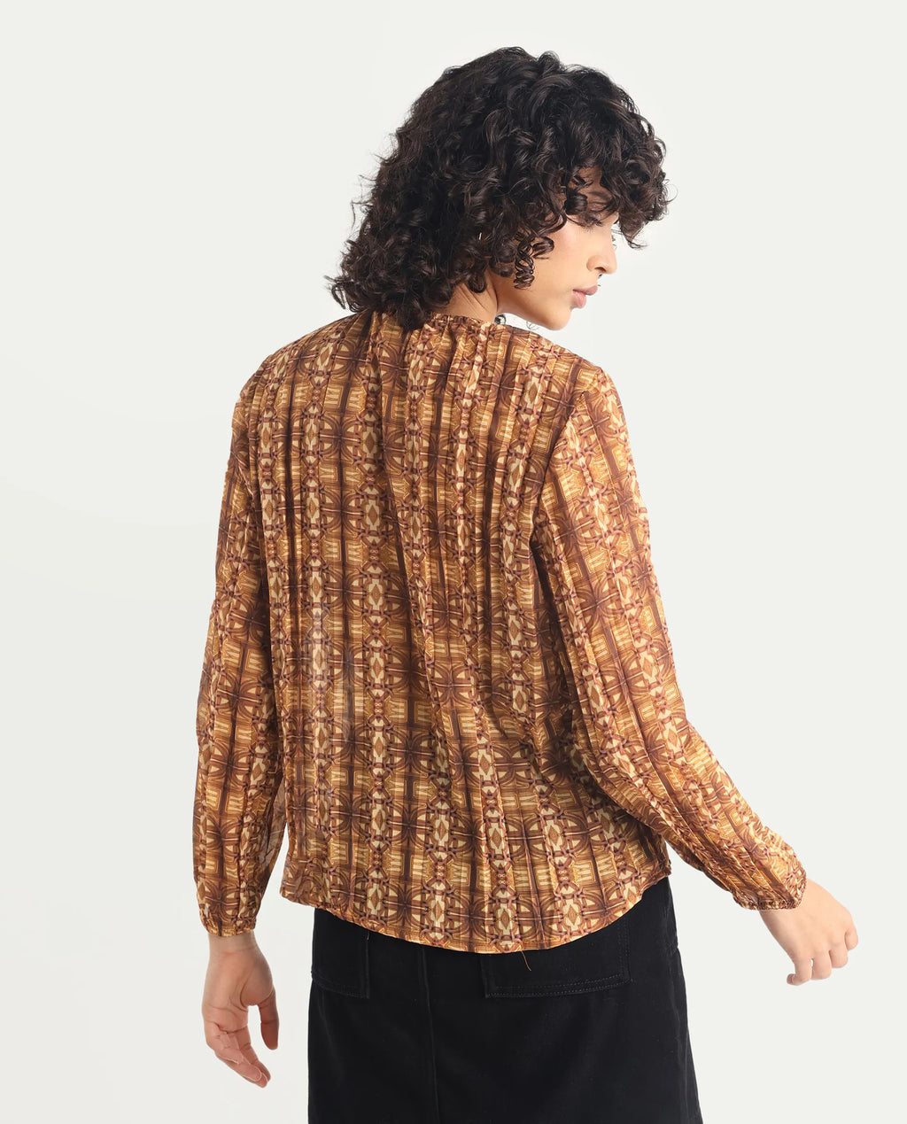 Rareism Women's Scoob Brown Polyester Tie-Up Neck Abstract Print Relaxed Fit Top