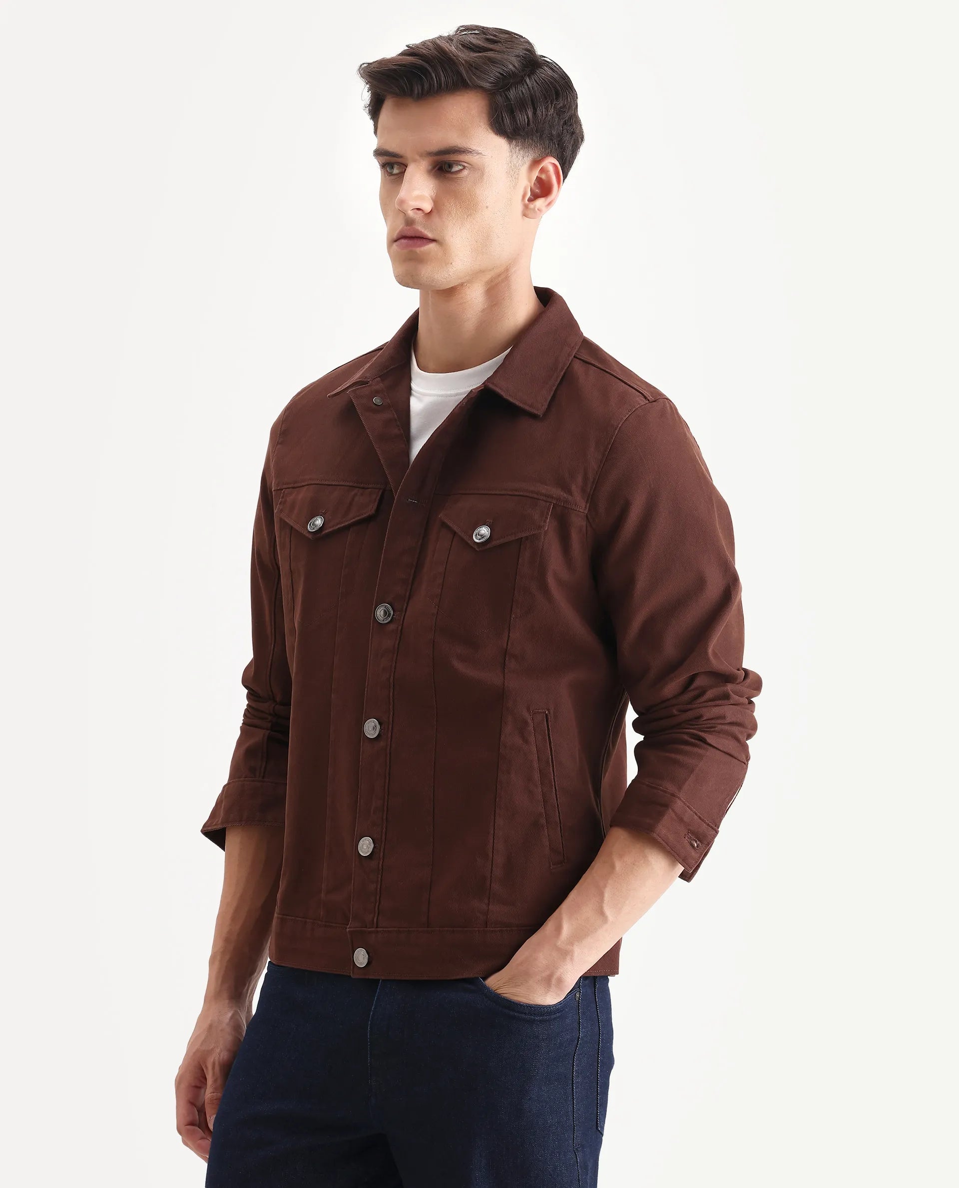 Rare Rabbit Men's Scut Brown Cotton Blend Fabric Collared Neck Relaxed Fit Plain Jacket