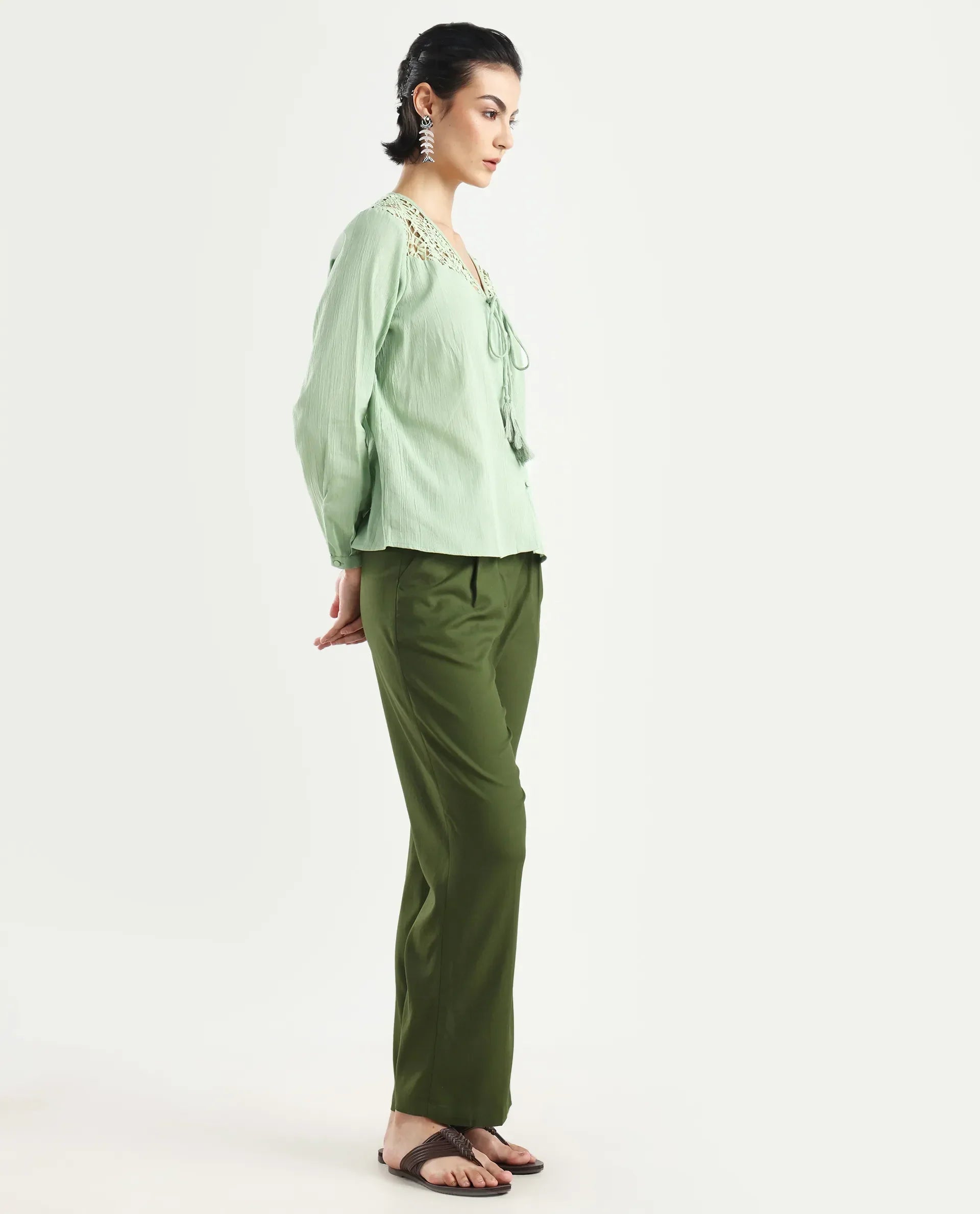 Rareism Women's Seanpo Olive Polyester Plain Ankle Length Wide Trouser