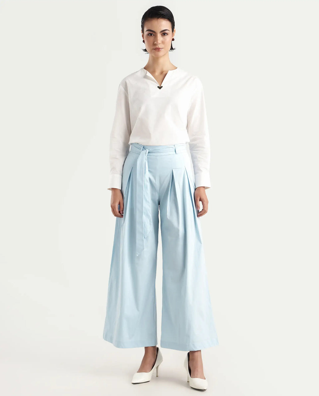 Rareism Women's Sebern Light Blue Cotton Blend Plain Ankle Length Flared Trouser
