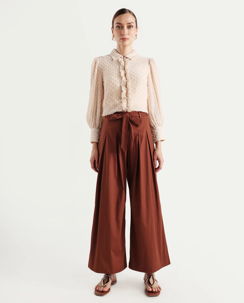 Rareism Women's Sebern Brown Cotton Blend Plain Ankle Length Flared Trouser